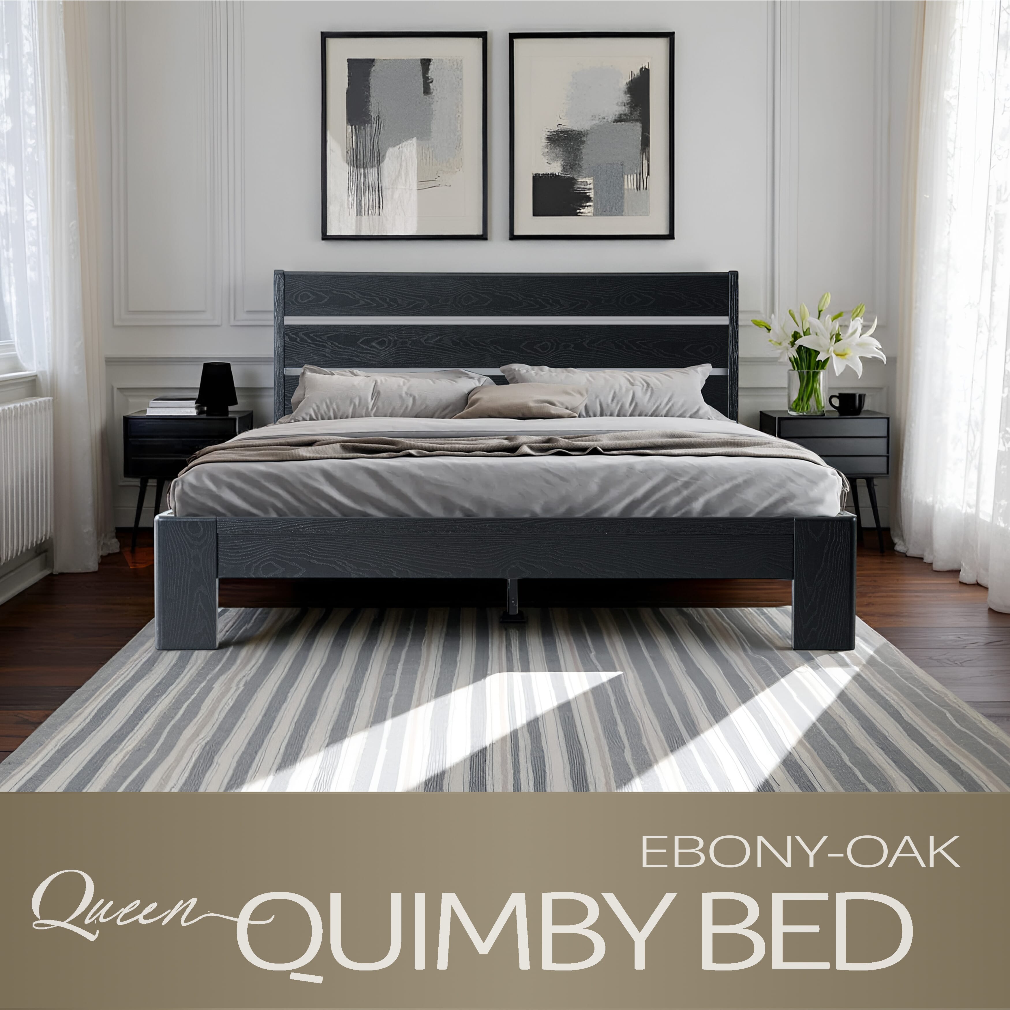 Queen Size Solid Wood Platform Bed Frame with Headboard & Footboard, Metal Legs with 12 Durable Slatted Base, Easy Assembly, No Box Spring Needed, Noise-Free & Anti-Slip, Ebony Oak Finish, QIQ-35