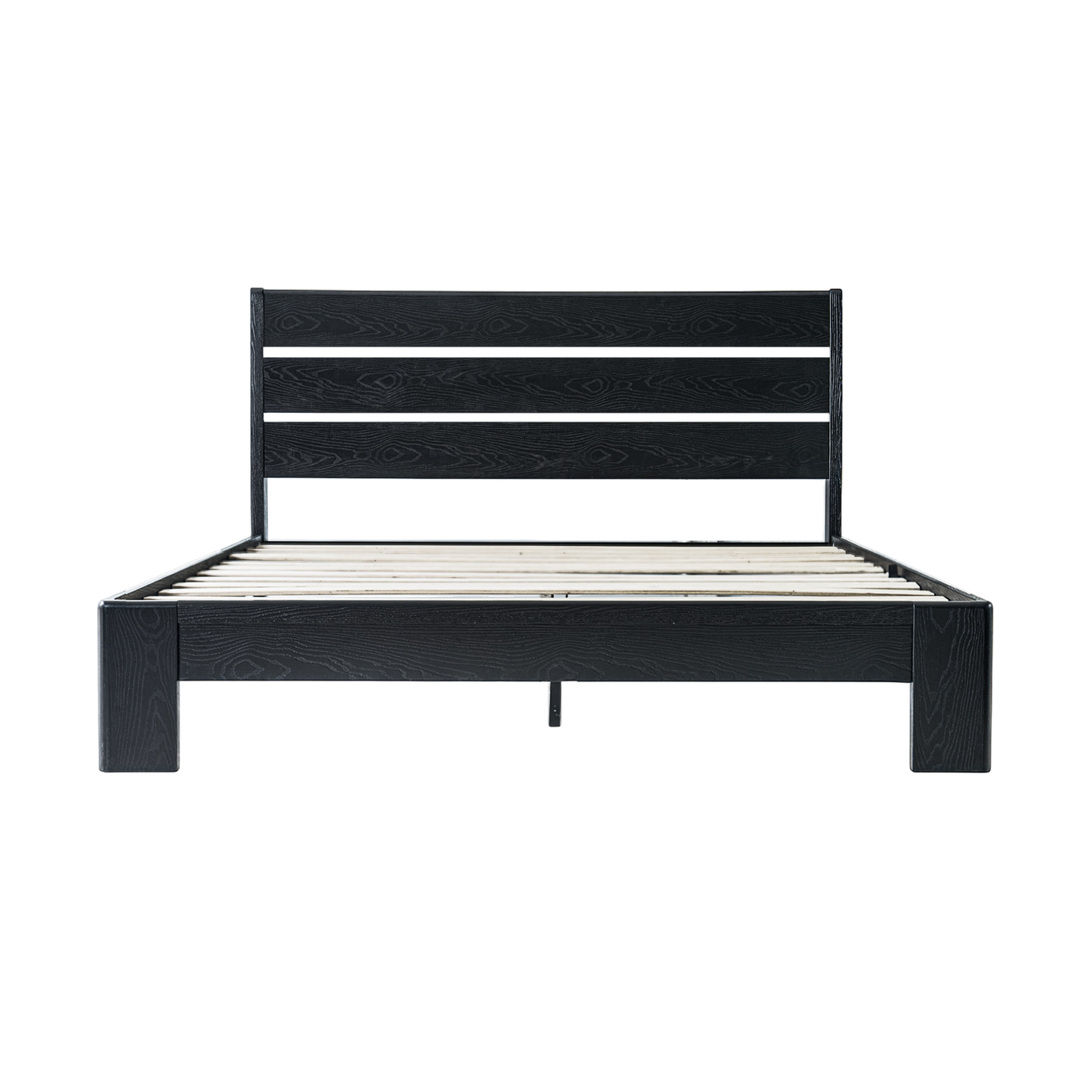 Queen Size Solid Wood Platform Bed Frame with Headboard & Footboard, Metal Legs with 12 Durable Slatted Base, Easy Assembly, No Box Spring Needed, Noise-Free & Anti-Slip, Ebony Oak Finish, QIQ-35