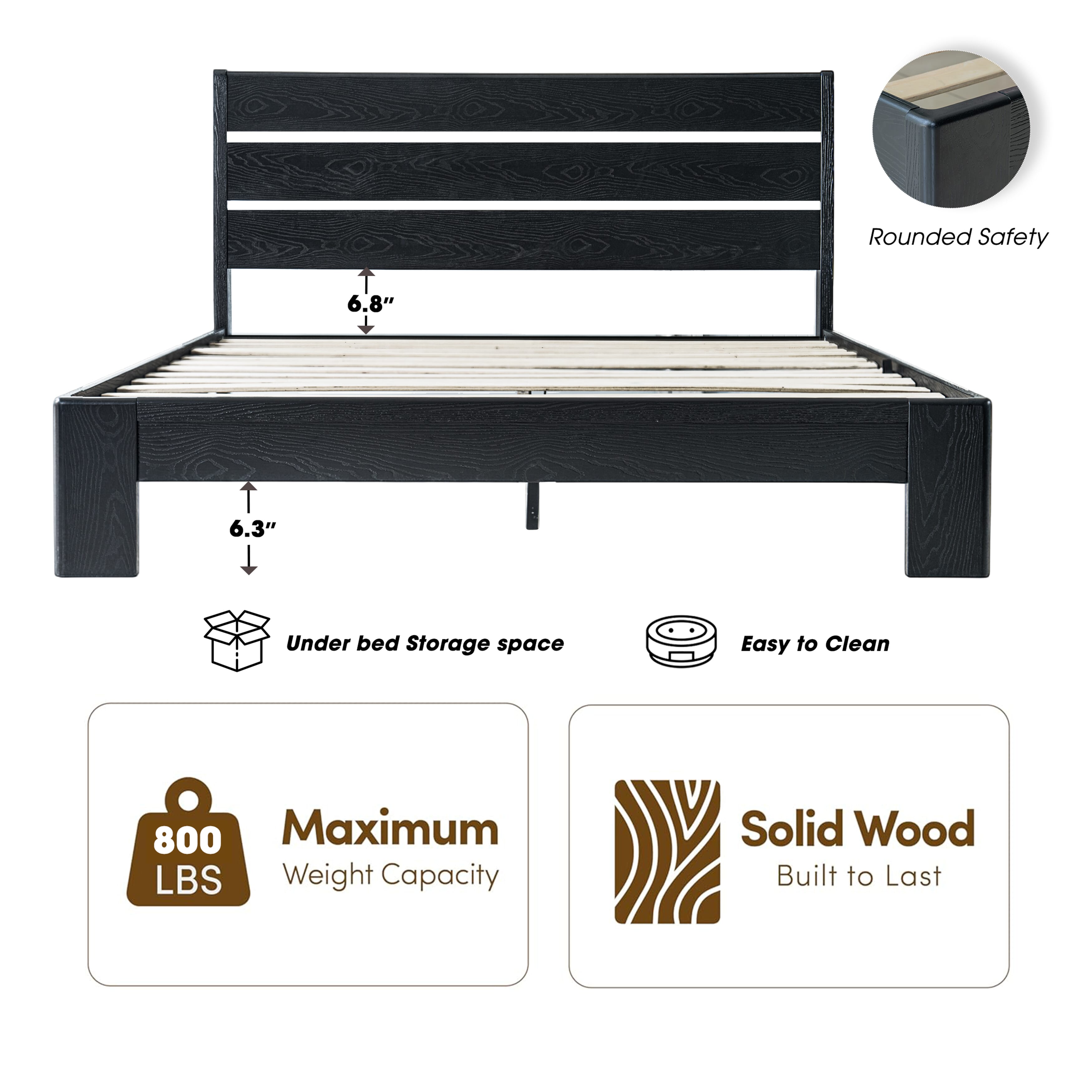 Queen Size Solid Wood Platform Bed Frame with Headboard & Footboard, Metal Legs with 12 Durable Slatted Base, Easy Assembly, No Box Spring Needed, Noise-Free & Anti-Slip, Ebony Oak Finish, QIQ-35
