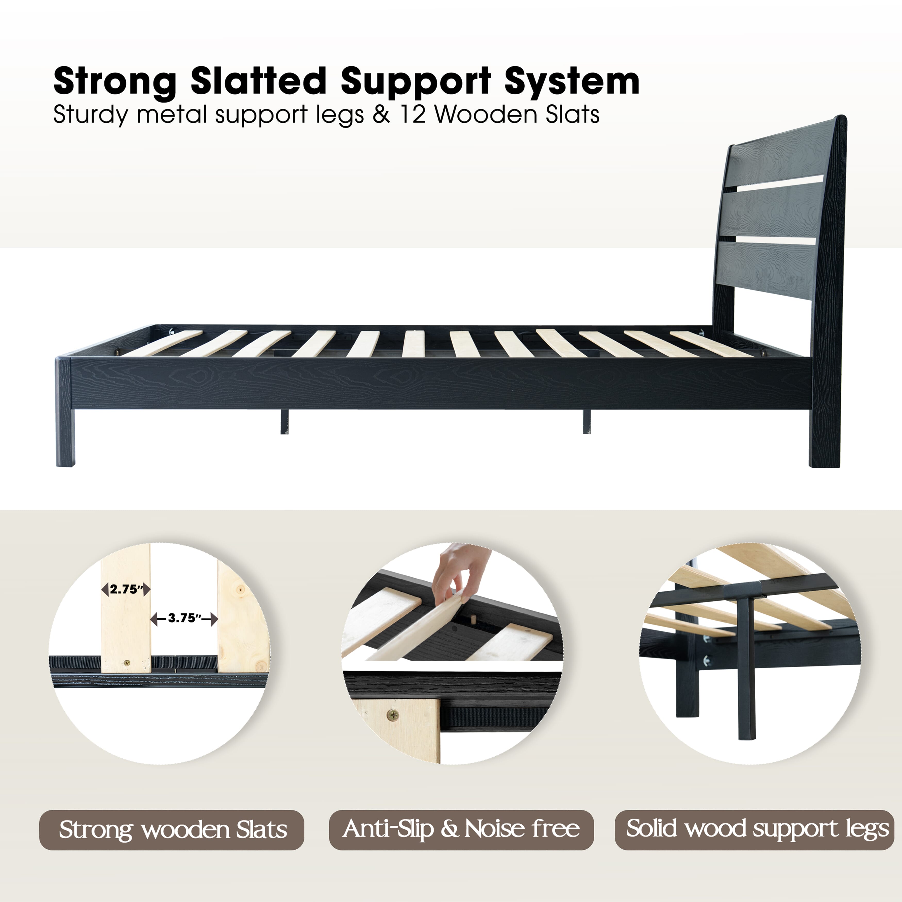 Queen Size Solid Wood Platform Bed Frame with Headboard & Footboard, Metal Legs with 12 Durable Slatted Base, Easy Assembly, No Box Spring Needed, Noise-Free & Anti-Slip, Ebony Oak Finish, QIQ-35
