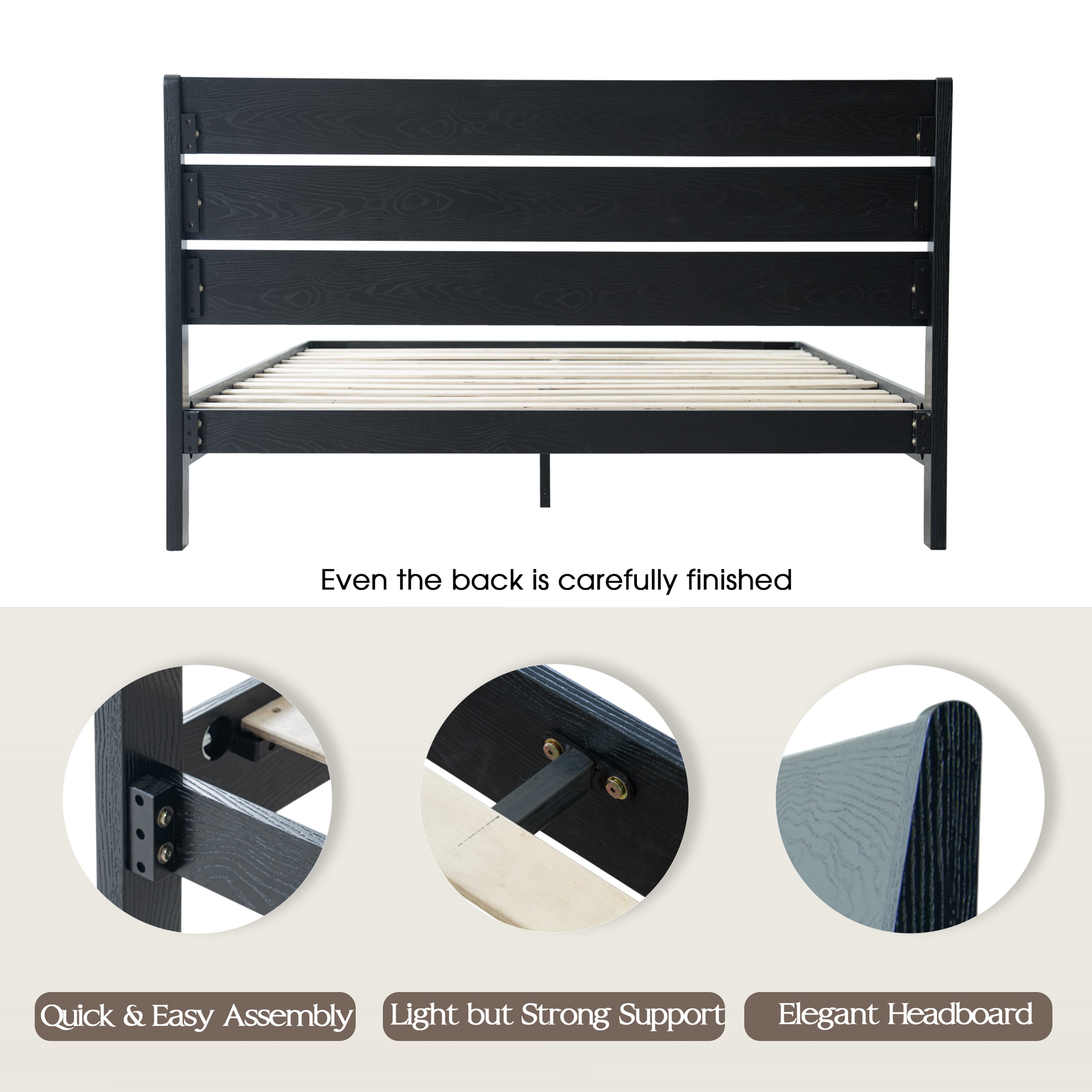 Queen Size Solid Wood Platform Bed Frame with Headboard & Footboard, Metal Legs with 12 Durable Slatted Base, Easy Assembly, No Box Spring Needed, Noise-Free & Anti-Slip, Ebony Oak Finish, QIQ-35