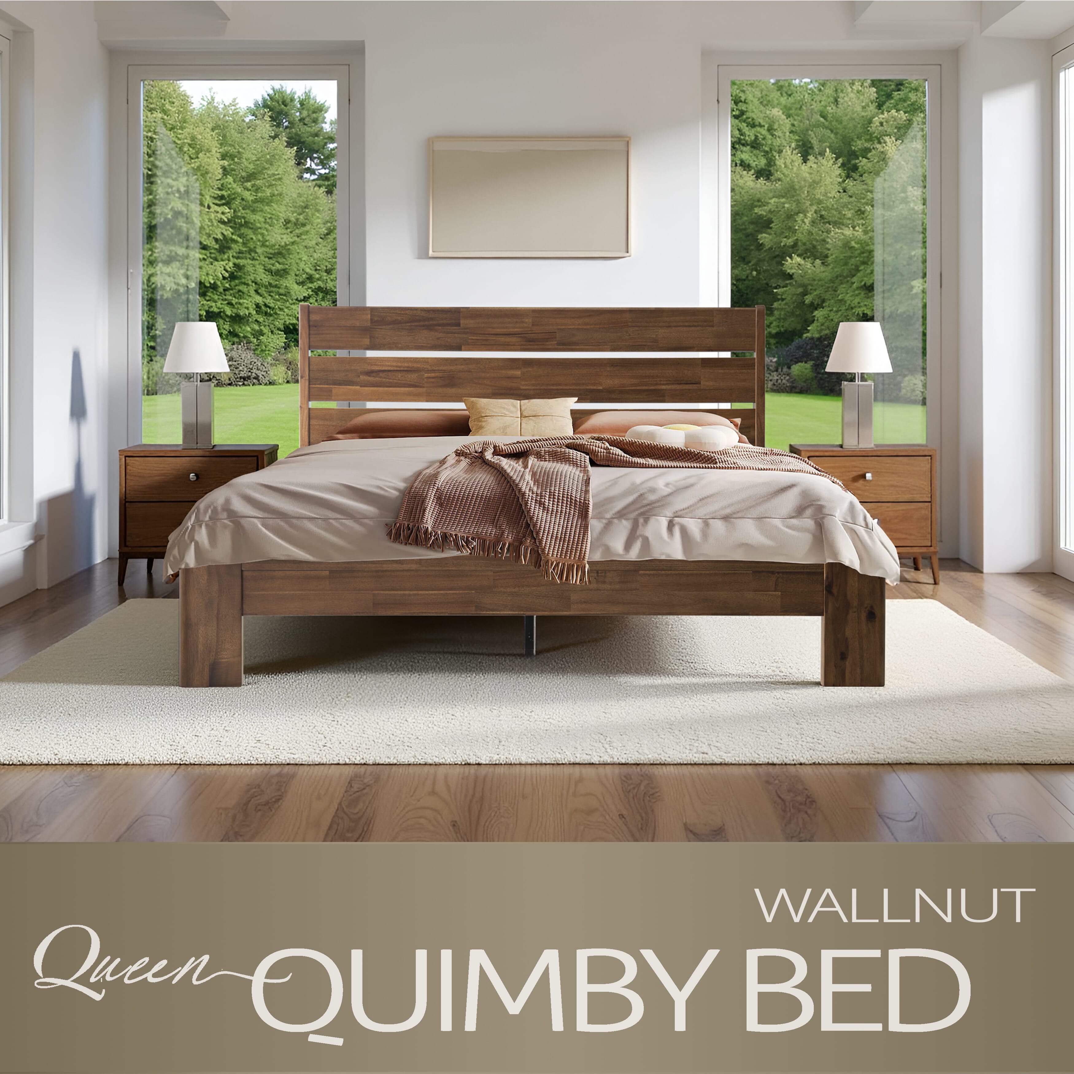 Queen Size Bed Frame with Headboard & Footboard Solid Wood Platform Bed, Central Metal Legs, 12 Sturdy Slatted Base, Easy Assembly, No Box Spring Needed, Anti-Noise & Slip-Free, Walnut Finish, QIQ-37