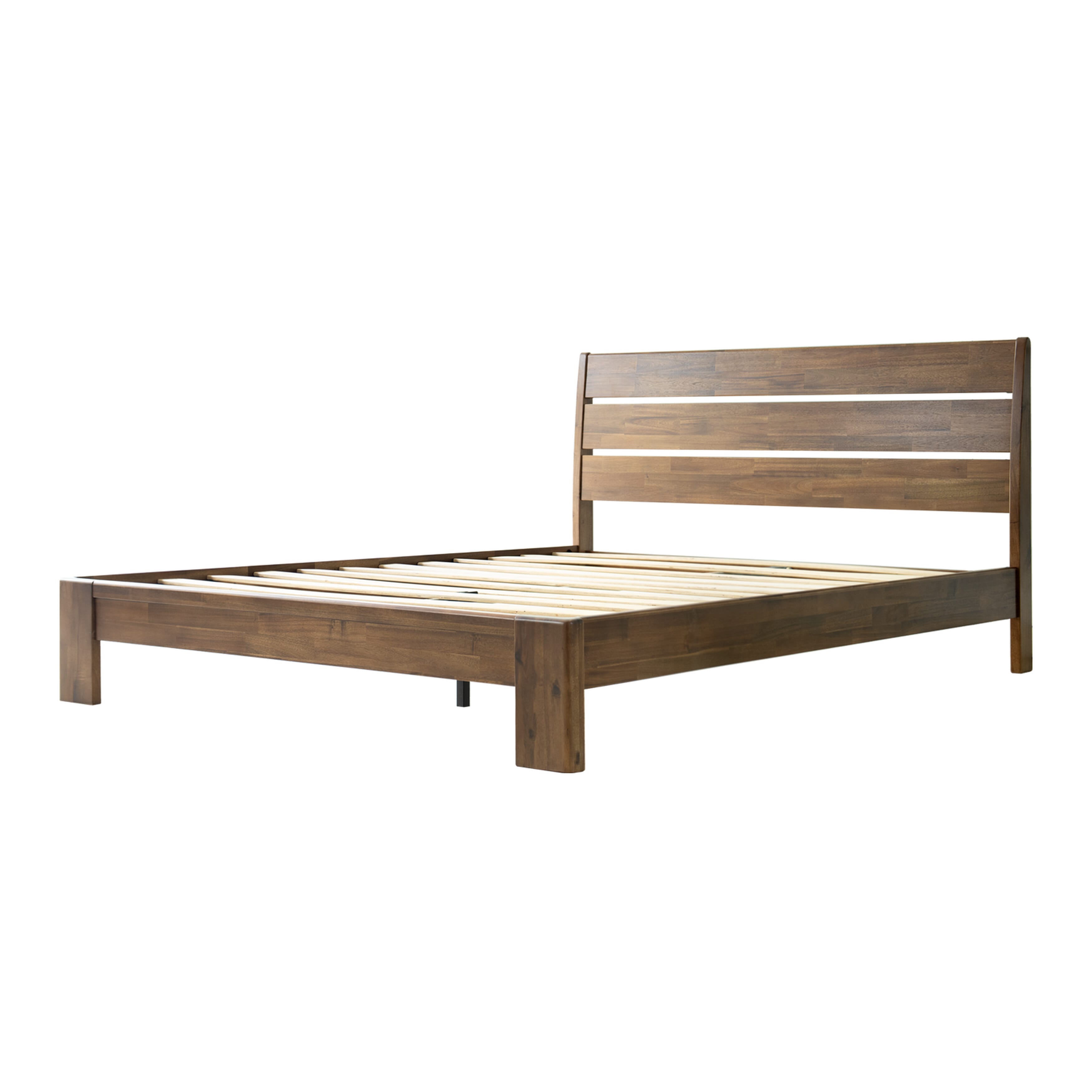 Queen Size Bed Frame with Headboard & Footboard Solid Wood Platform Bed, Central Metal Legs, 12 Sturdy Slatted Base, Easy Assembly, No Box Spring Needed, Anti-Noise & Slip-Free, Walnut Finish, QIQ-37