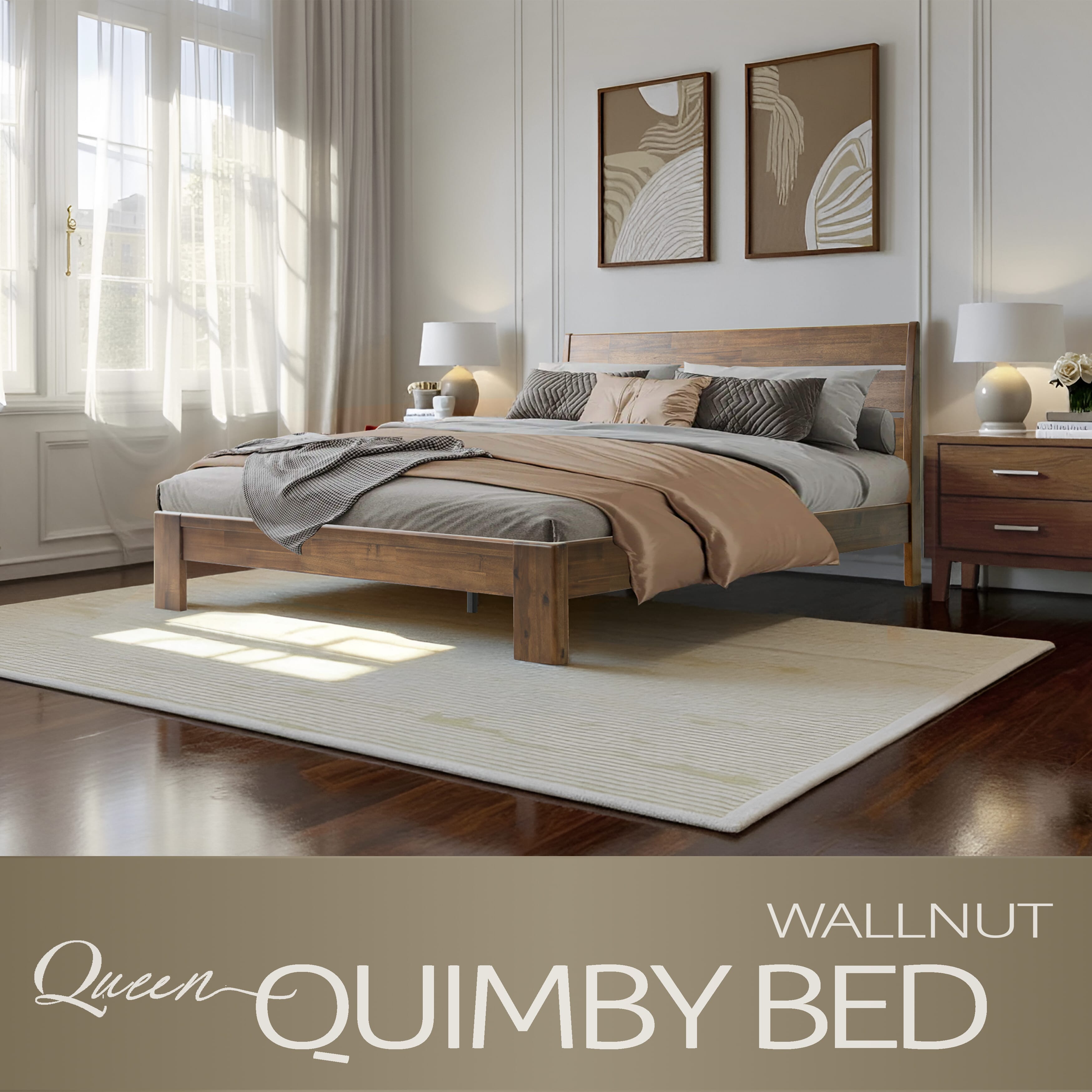 Queen Size Bed Frame with Headboard & Footboard Solid Wood Platform Bed, Central Metal Legs, 12 Sturdy Slatted Base, Easy Assembly, No Box Spring Needed, Anti-Noise & Slip-Free, Walnut Finish, QIQ-37