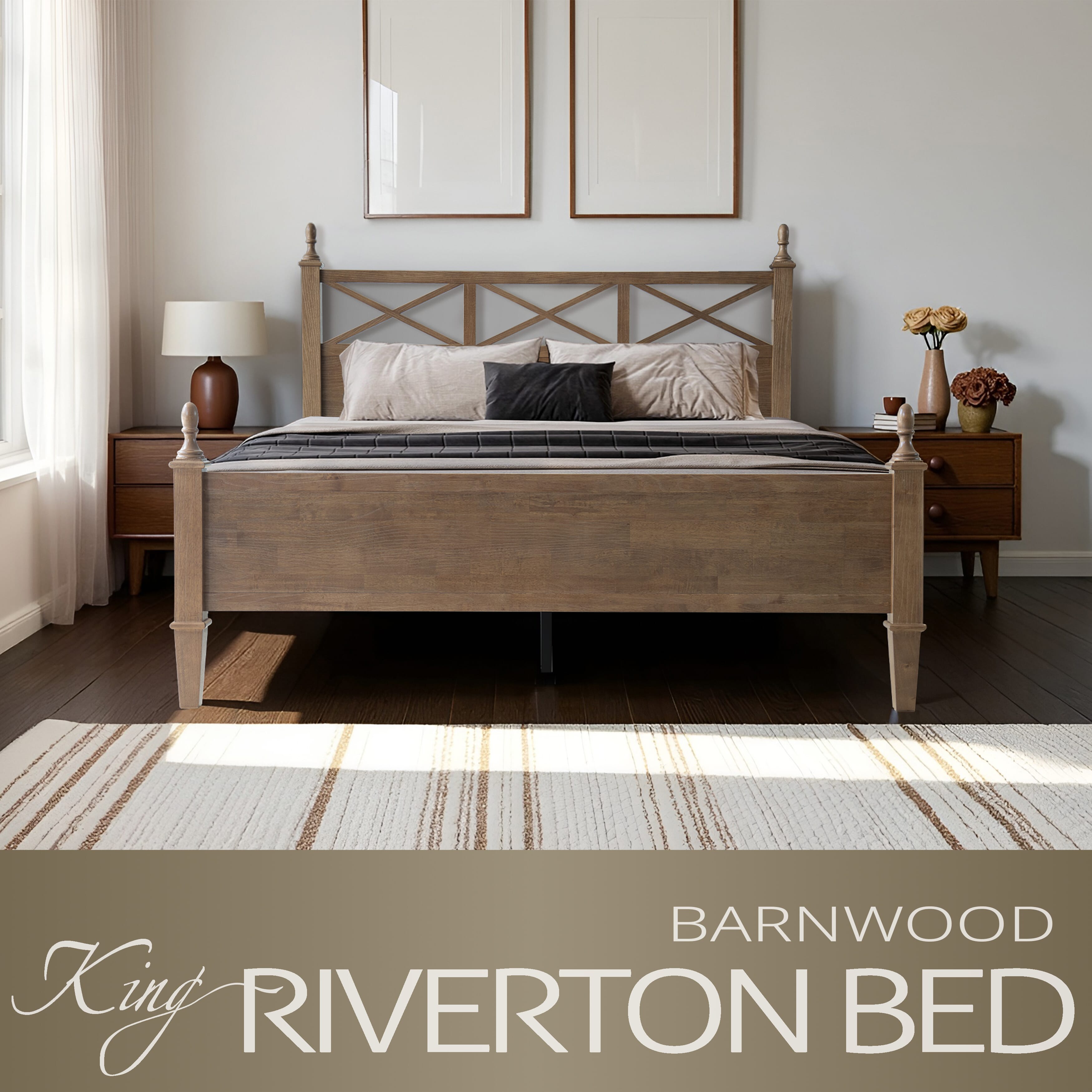 King Size Solid Wood Bed Frame, Platform Bed with Headboard & Footboard, 12 Heavy-Duty Slatted Base, Metal Legs, No Box Spring Needed, Noise-Free & Anti-Slip, Easy Assembly, Barnwood Finish, RIK-30