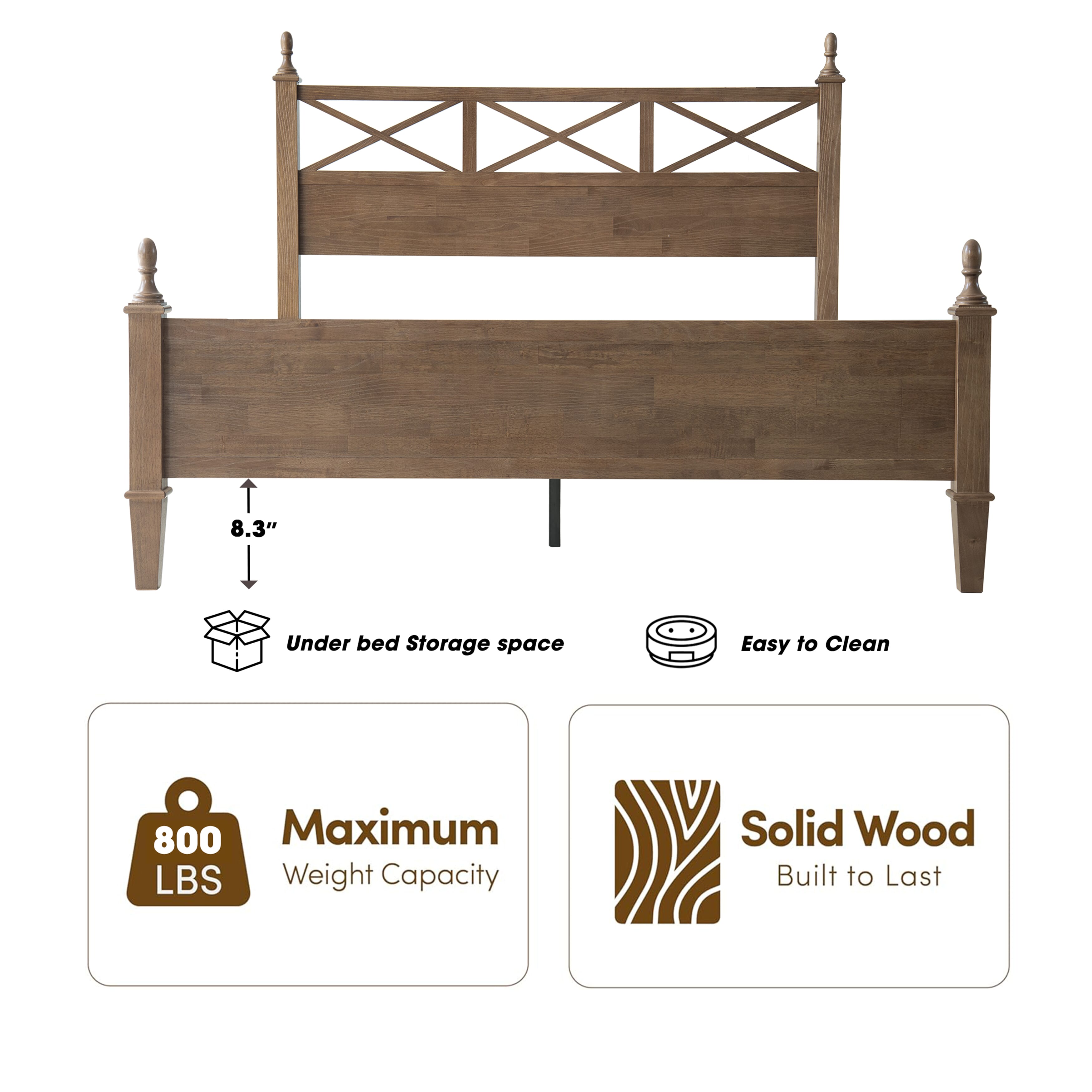 King Size Solid Wood Bed Frame, Platform Bed with Headboard & Footboard, 12 Heavy-Duty Slatted Base, Metal Legs, No Box Spring Needed, Noise-Free & Anti-Slip, Easy Assembly, Barnwood Finish, RIK-30