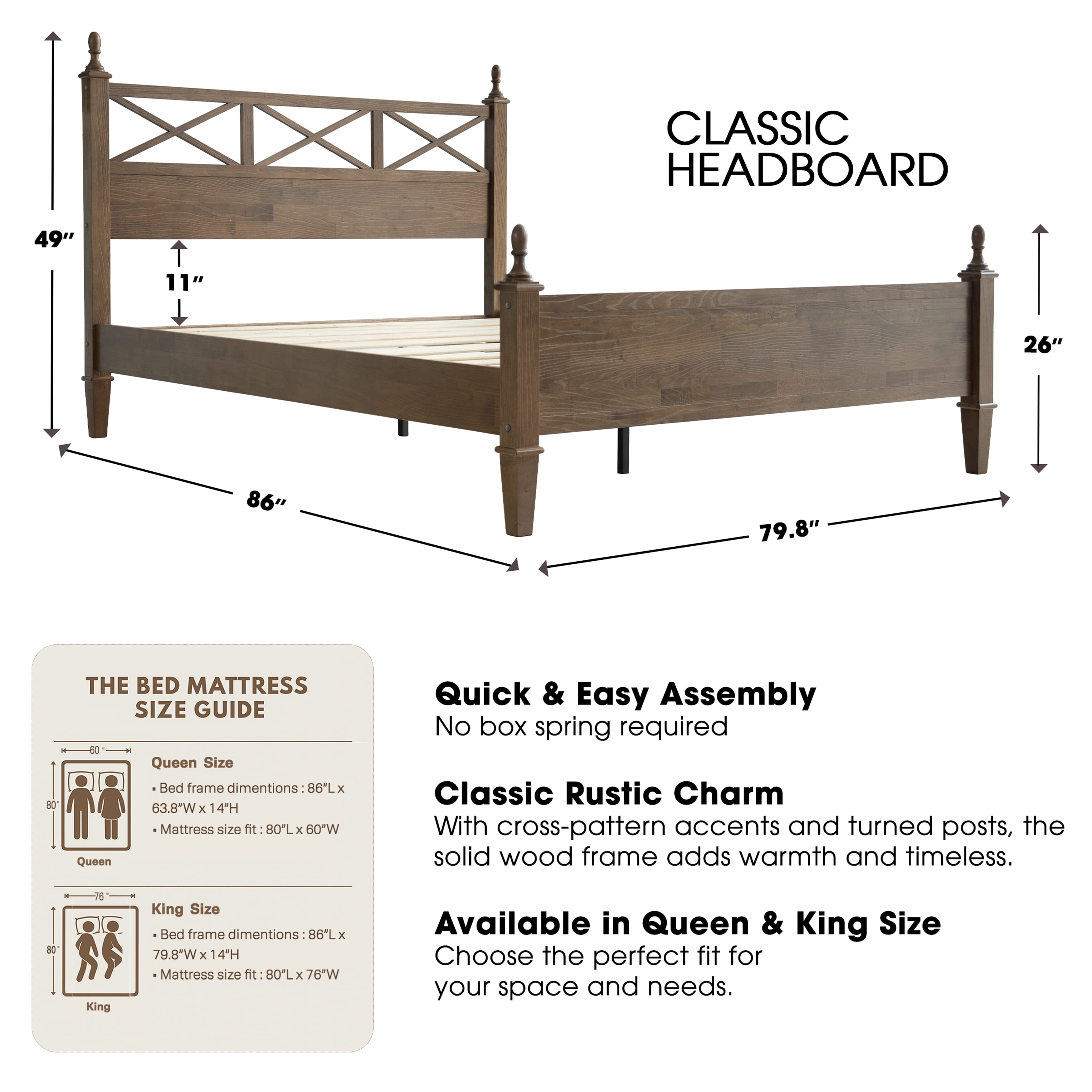 King Size Solid Wood Bed Frame, Platform Bed with Headboard & Footboard, 12 Heavy-Duty Slatted Base, Metal Legs, No Box Spring Needed, Noise-Free & Anti-Slip, Easy Assembly, Barnwood Finish, RIK-30