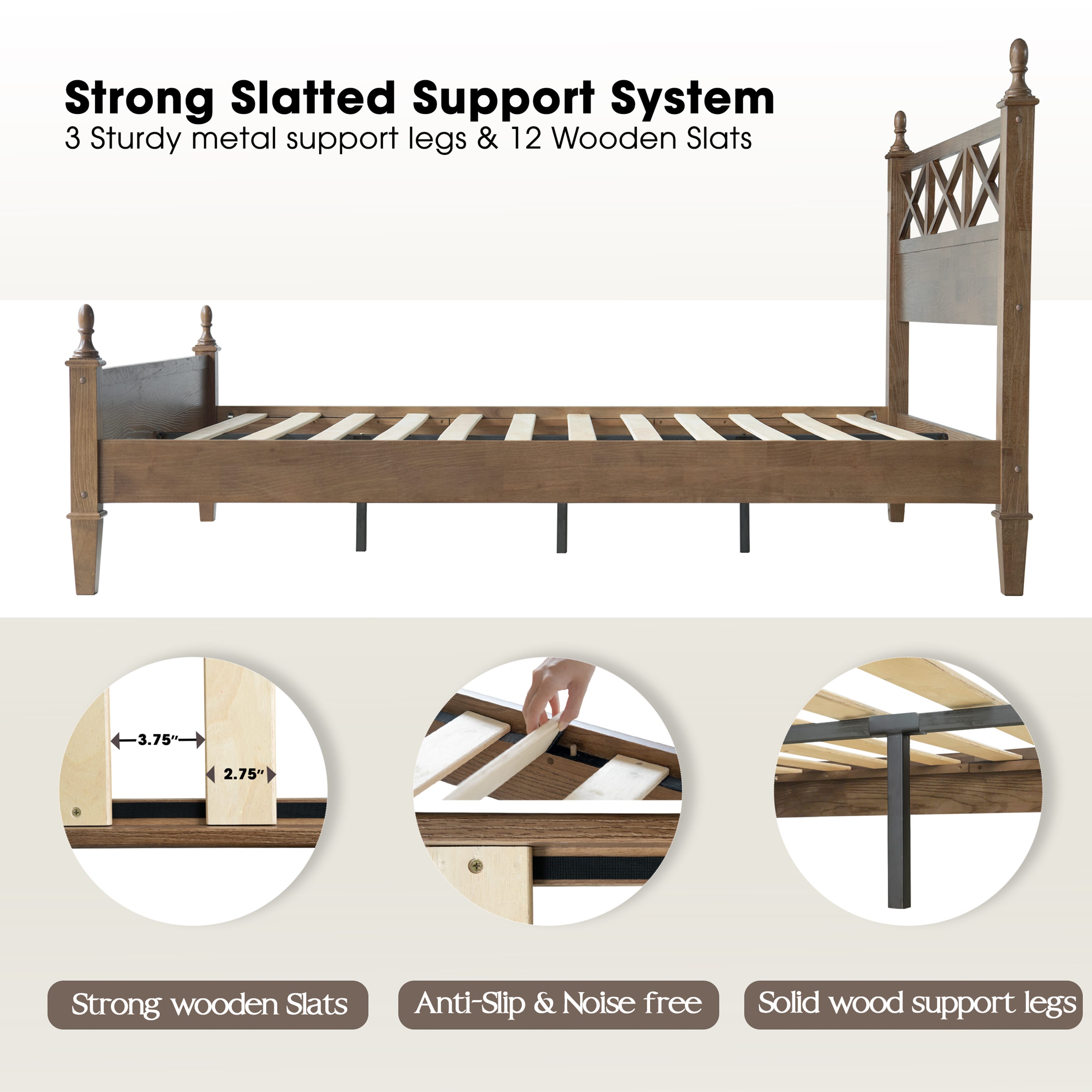 King Size Solid Wood Bed Frame, Platform Bed with Headboard & Footboard, 12 Heavy-Duty Slatted Base, Metal Legs, No Box Spring Needed, Noise-Free & Anti-Slip, Easy Assembly, Barnwood Finish, RIK-30