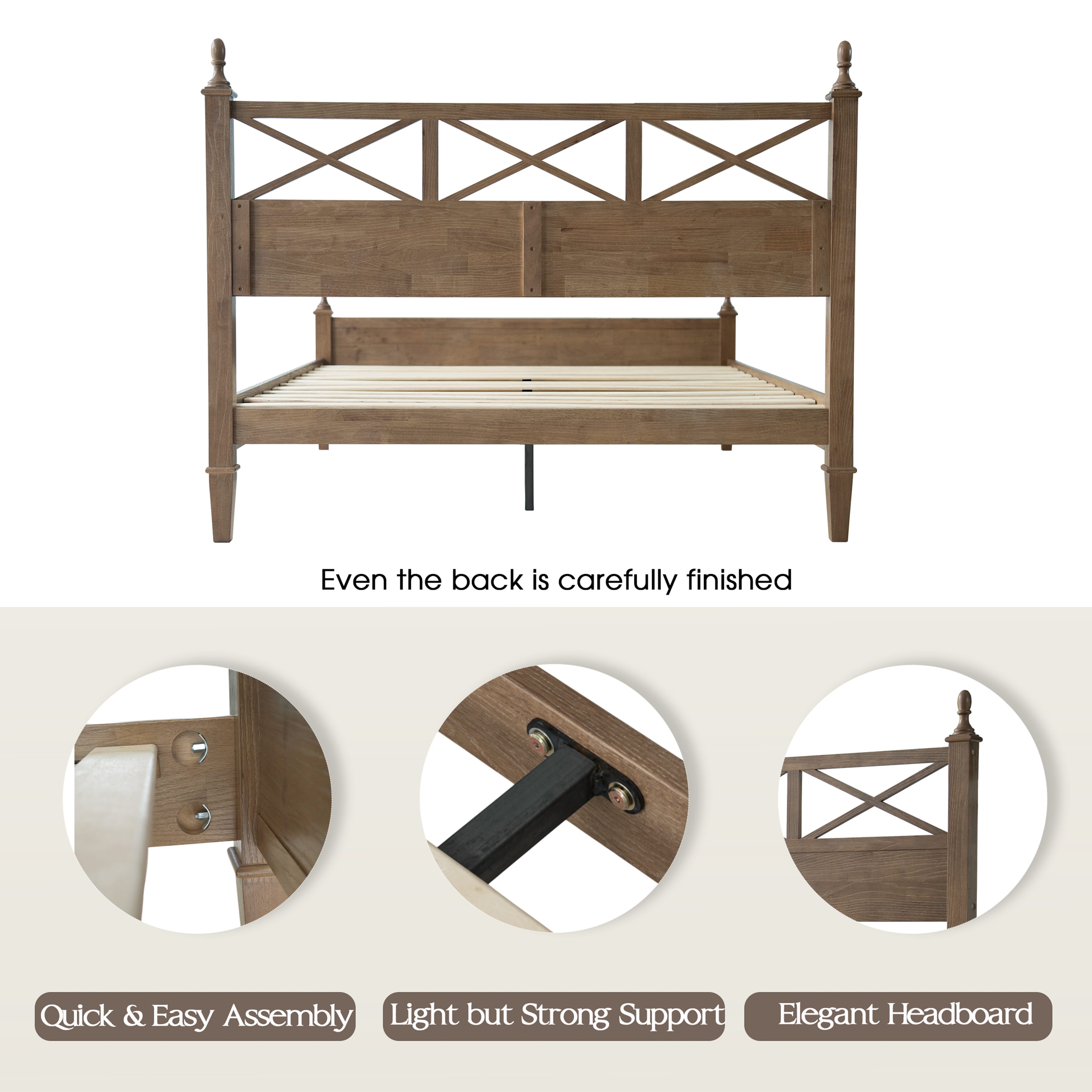 King Size Solid Wood Bed Frame, Platform Bed with Headboard & Footboard, 12 Heavy-Duty Slatted Base, Metal Legs, No Box Spring Needed, Noise-Free & Anti-Slip, Easy Assembly, Barnwood Finish, RIK-30
