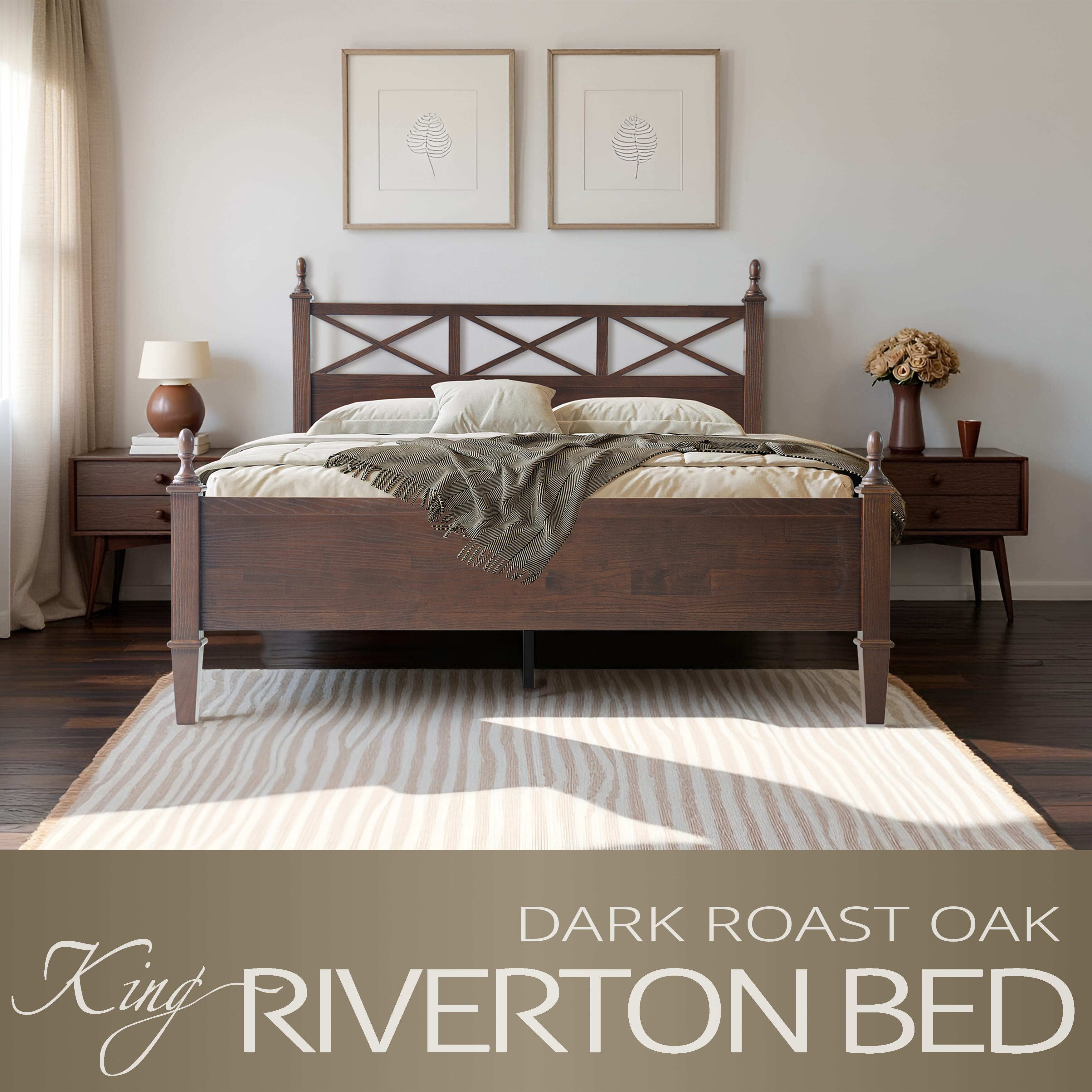 King Size Solid Wood Platform Bed Frame with Headboard & Footboard, 12 Durable Slatted Base with Metal Legs, Easy Assembly, Slip-Free & Anti-Noise, No Box Spring Needed, Dark Roast Oak Finish, RIK-32