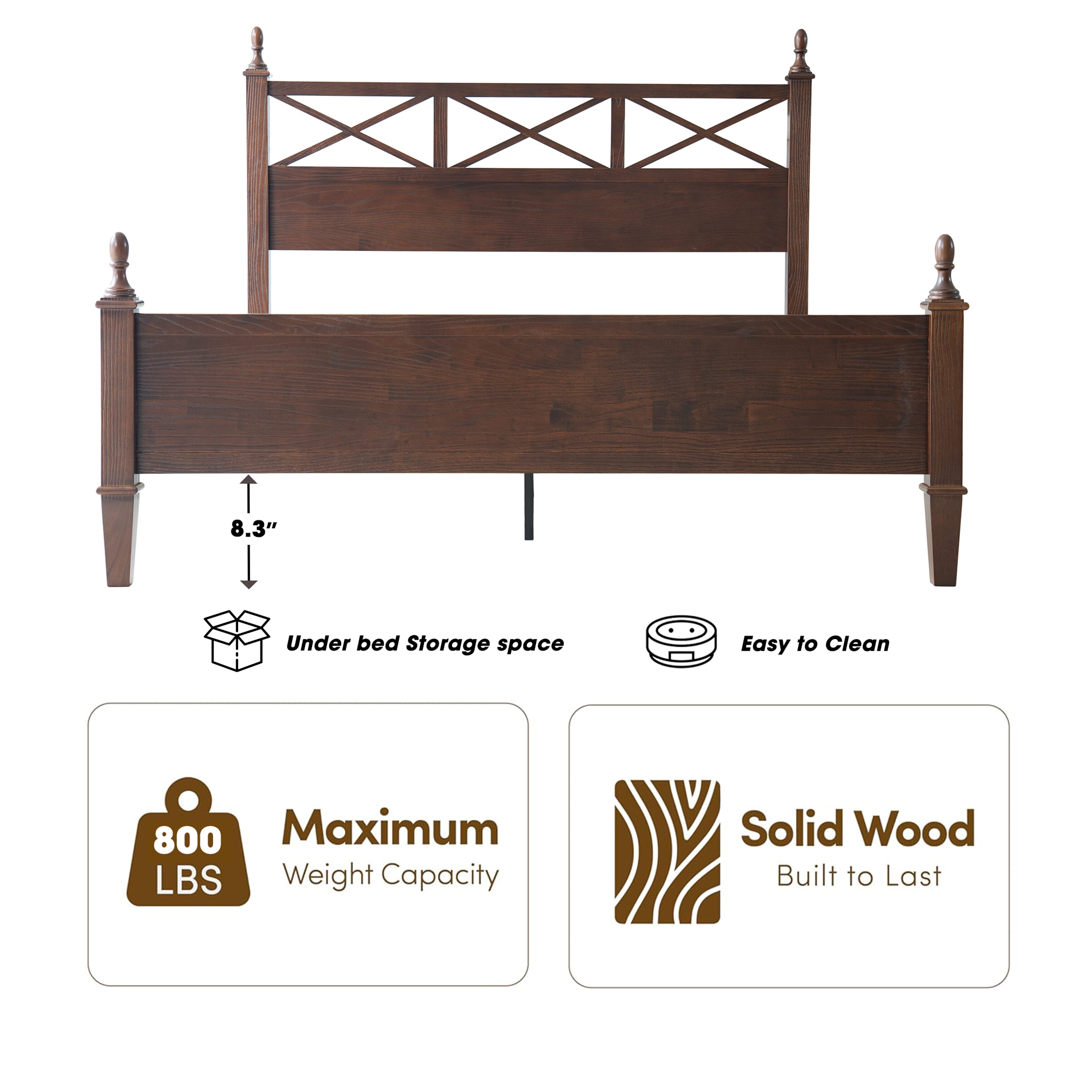 King Size Solid Wood Platform Bed Frame with Headboard & Footboard, 12 Durable Slatted Base with Metal Legs, Easy Assembly, Slip-Free & Anti-Noise, No Box Spring Needed, Dark Roast Oak Finish, RIK-32