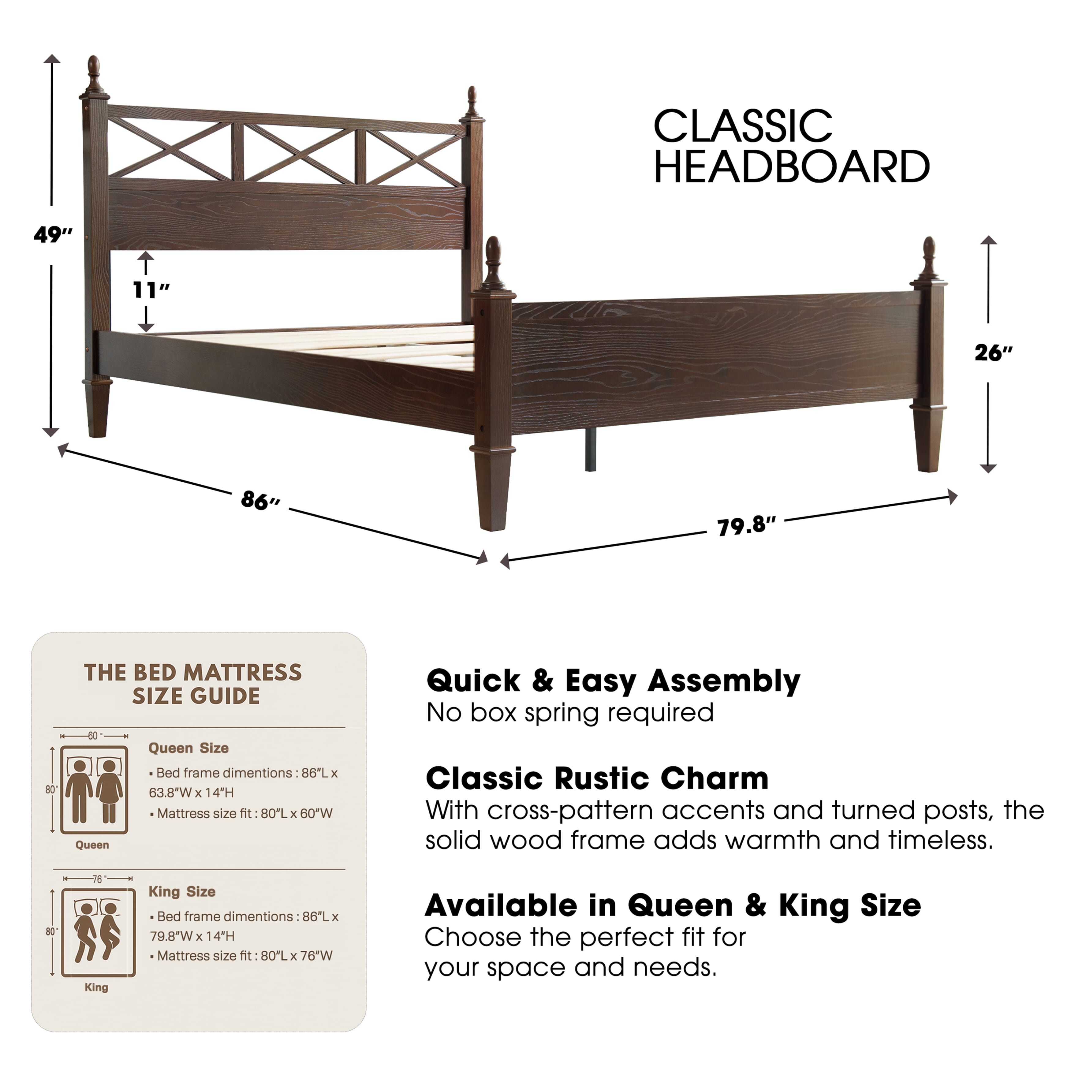 King Size Solid Wood Platform Bed Frame with Headboard & Footboard, 12 Durable Slatted Base with Metal Legs, Easy Assembly, Slip-Free & Anti-Noise, No Box Spring Needed, Dark Roast Oak Finish, RIK-32