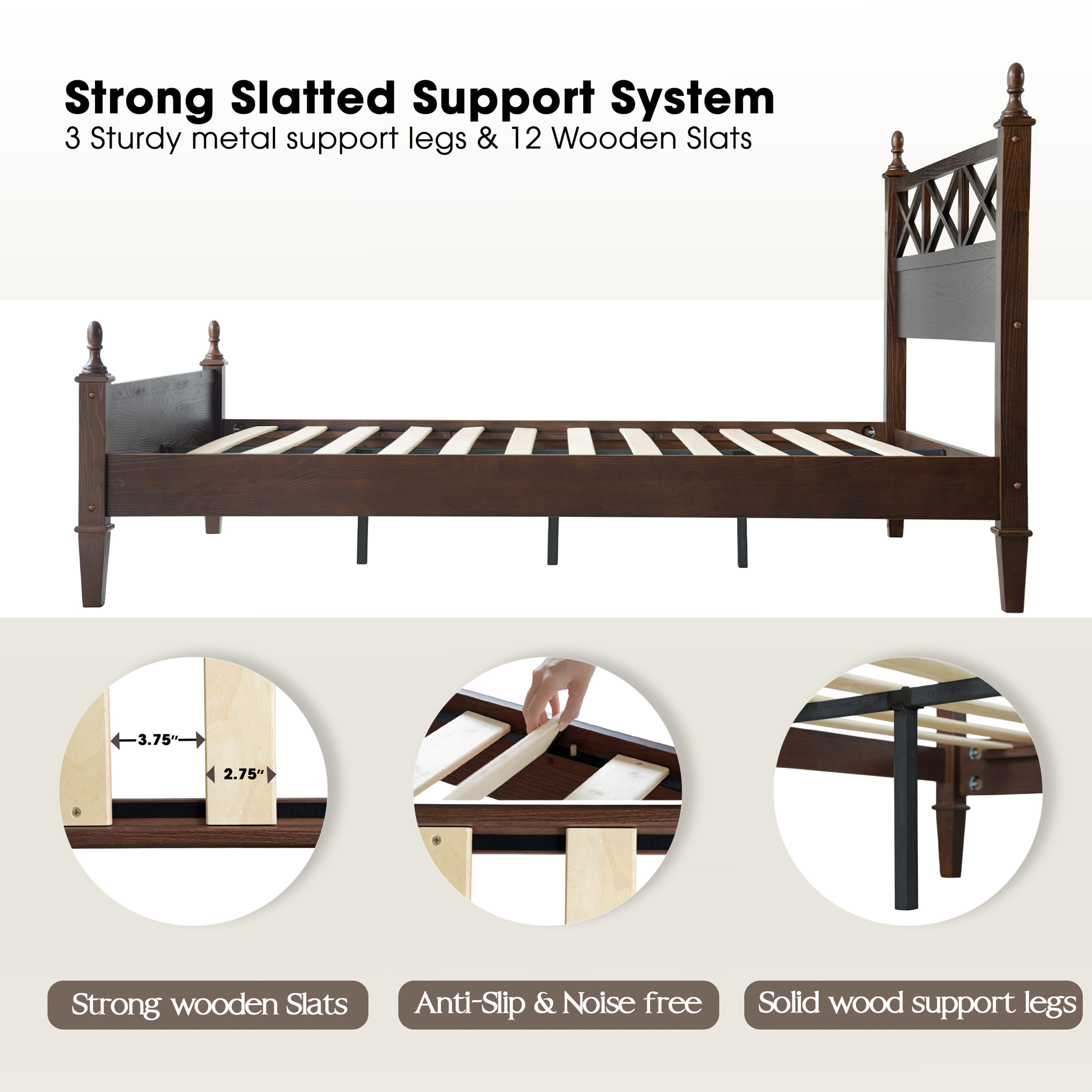 King Size Solid Wood Platform Bed Frame with Headboard & Footboard, 12 Durable Slatted Base with Metal Legs, Easy Assembly, Slip-Free & Anti-Noise, No Box Spring Needed, Dark Roast Oak Finish, RIK-32