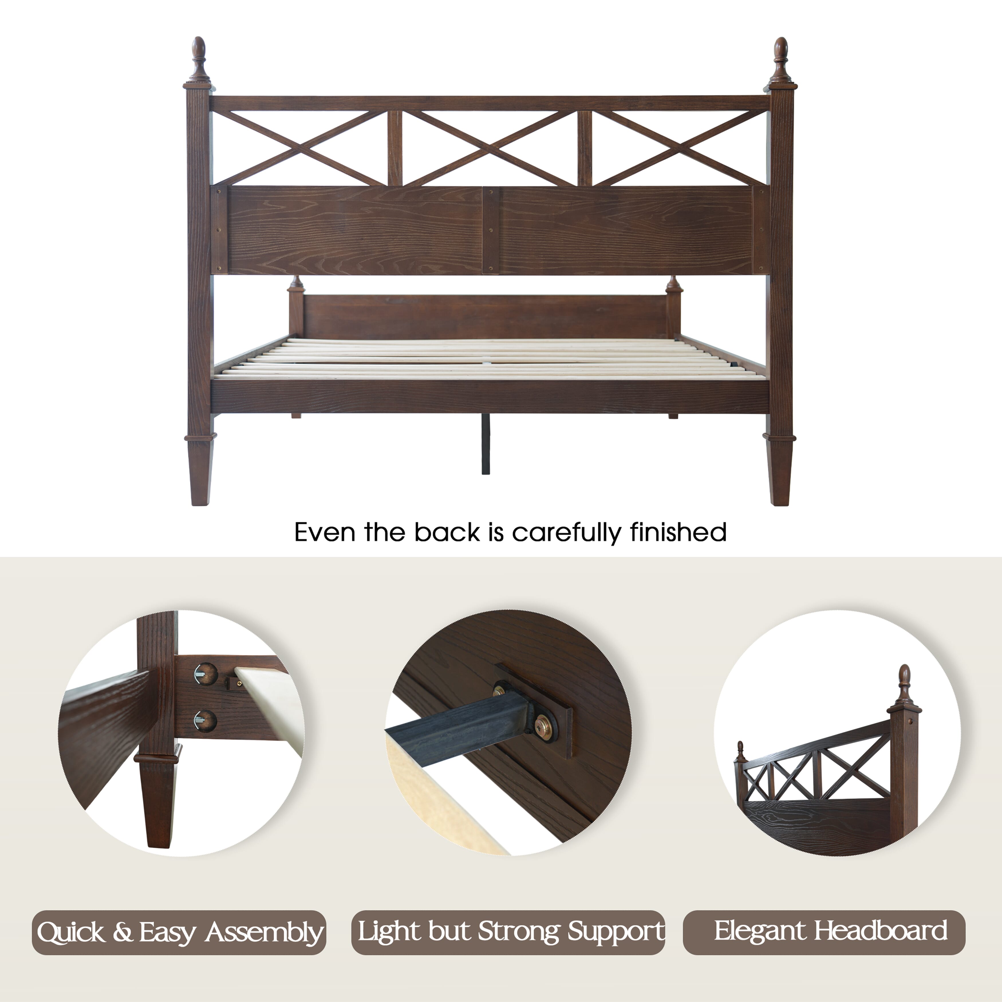 King Size Solid Wood Platform Bed Frame with Headboard & Footboard, 12 Durable Slatted Base with Metal Legs, Easy Assembly, Slip-Free & Anti-Noise, No Box Spring Needed, Dark Roast Oak Finish, RIK-32