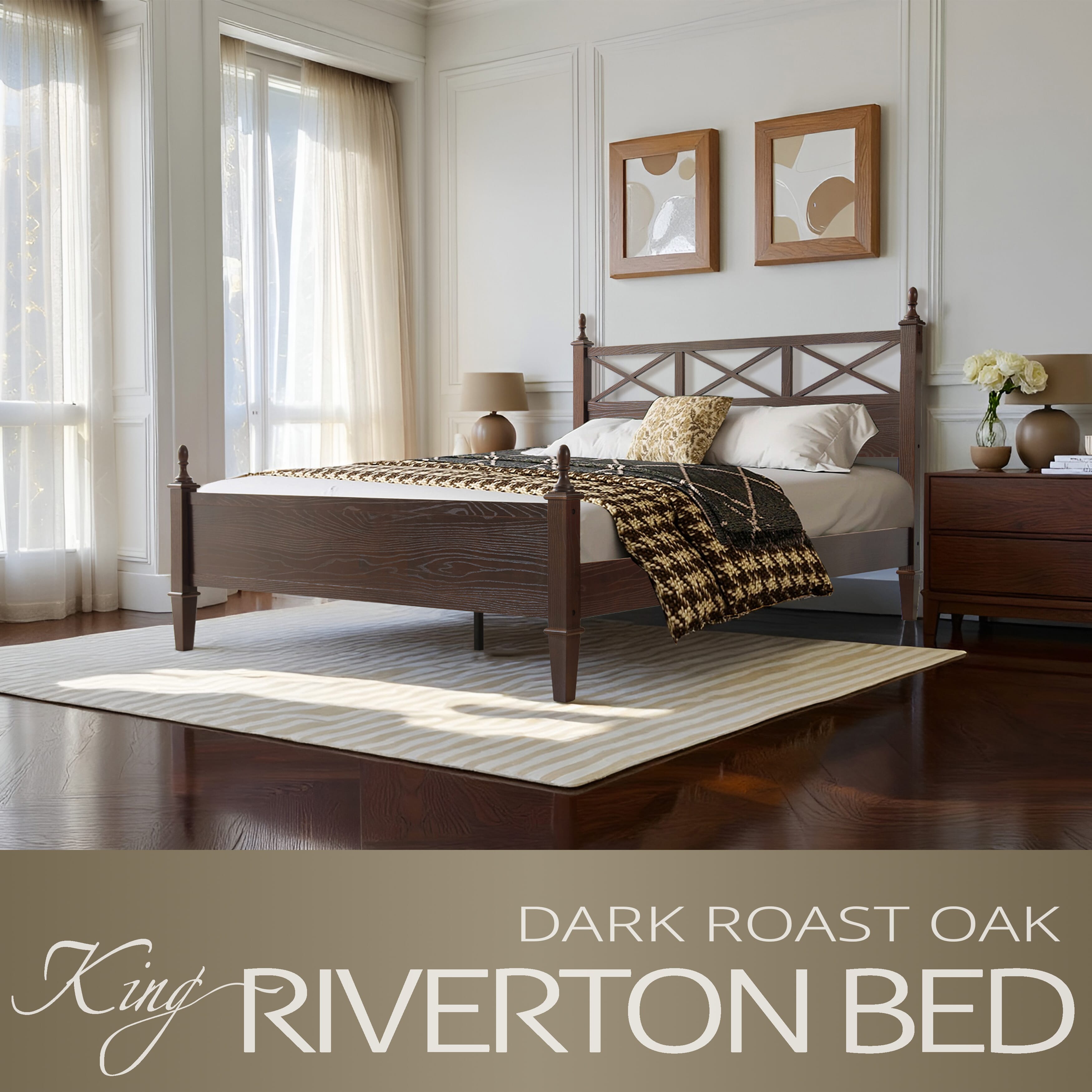 King Size Solid Wood Platform Bed Frame with Headboard & Footboard, 12 Durable Slatted Base with Metal Legs, Easy Assembly, Slip-Free & Anti-Noise, No Box Spring Needed, Dark Roast Oak Finish, RIK-32