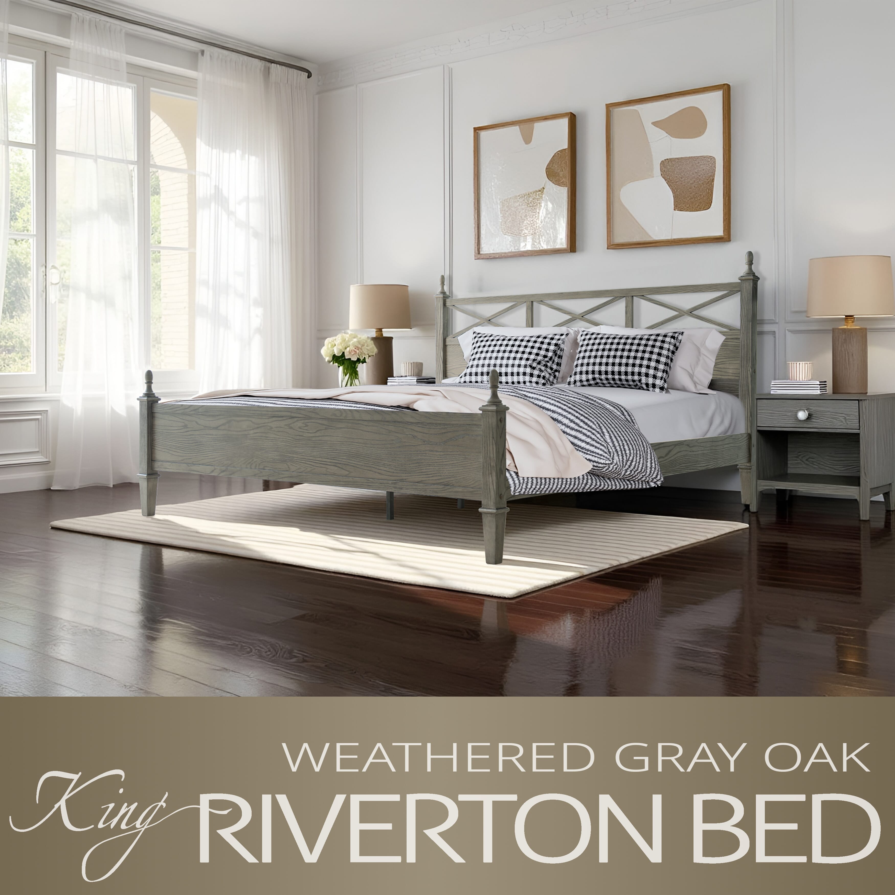 King Size Platform Bed Frame with Solid Wood Headboard & Footboard, 12 Heavy-Duty Slatted, Metal Legs, Anti-Slip & Noise-Free, Easy Assembly, No Box Spring Needed, Weathered Gray Oak Finish, RIK-34