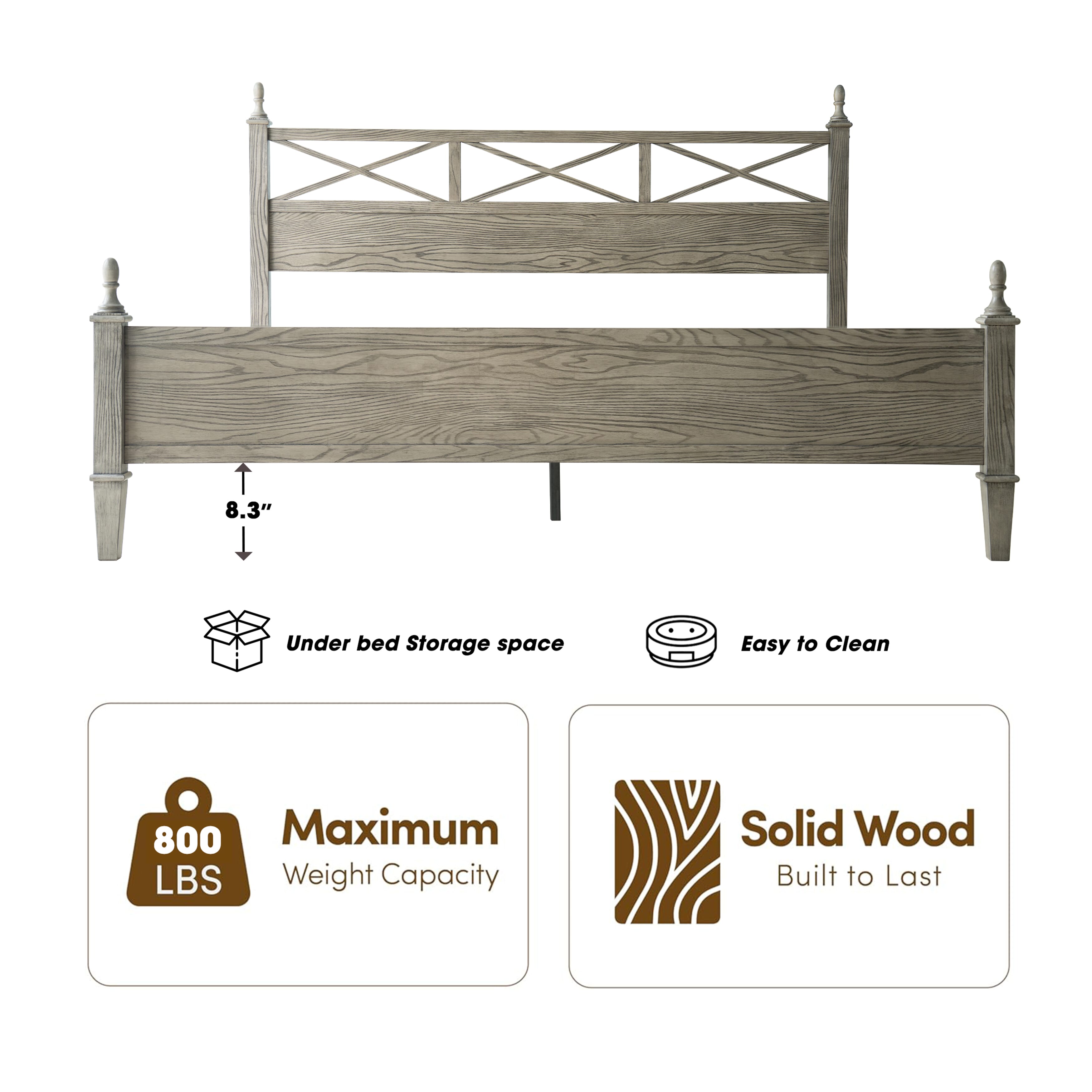 King Size Platform Bed Frame with Solid Wood Headboard & Footboard, 12 Heavy-Duty Slatted, Metal Legs, Anti-Slip & Noise-Free, Easy Assembly, No Box Spring Needed, Weathered Gray Oak Finish, RIK-34