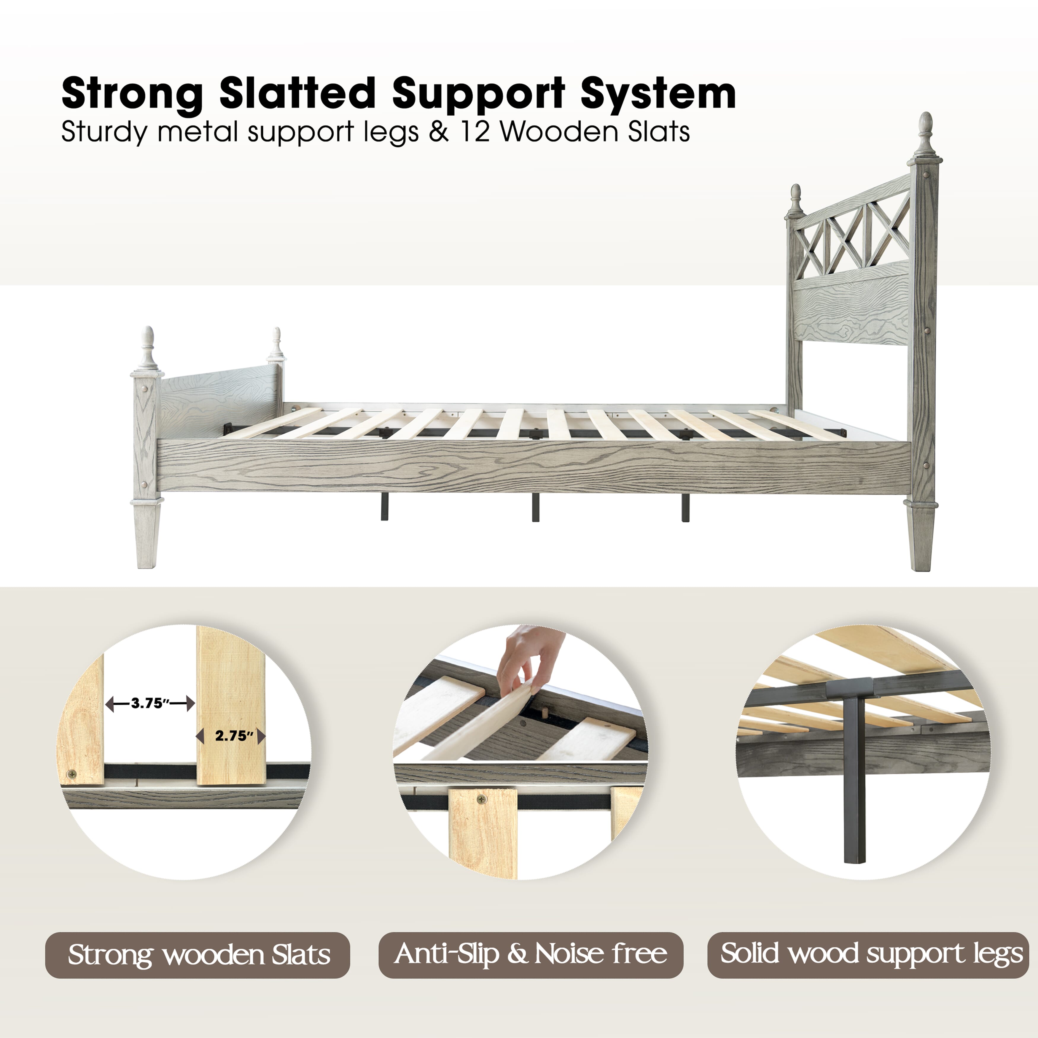 King Size Platform Bed Frame with Solid Wood Headboard & Footboard, 12 Heavy-Duty Slatted, Metal Legs, Anti-Slip & Noise-Free, Easy Assembly, No Box Spring Needed, Weathered Gray Oak Finish, RIK-34