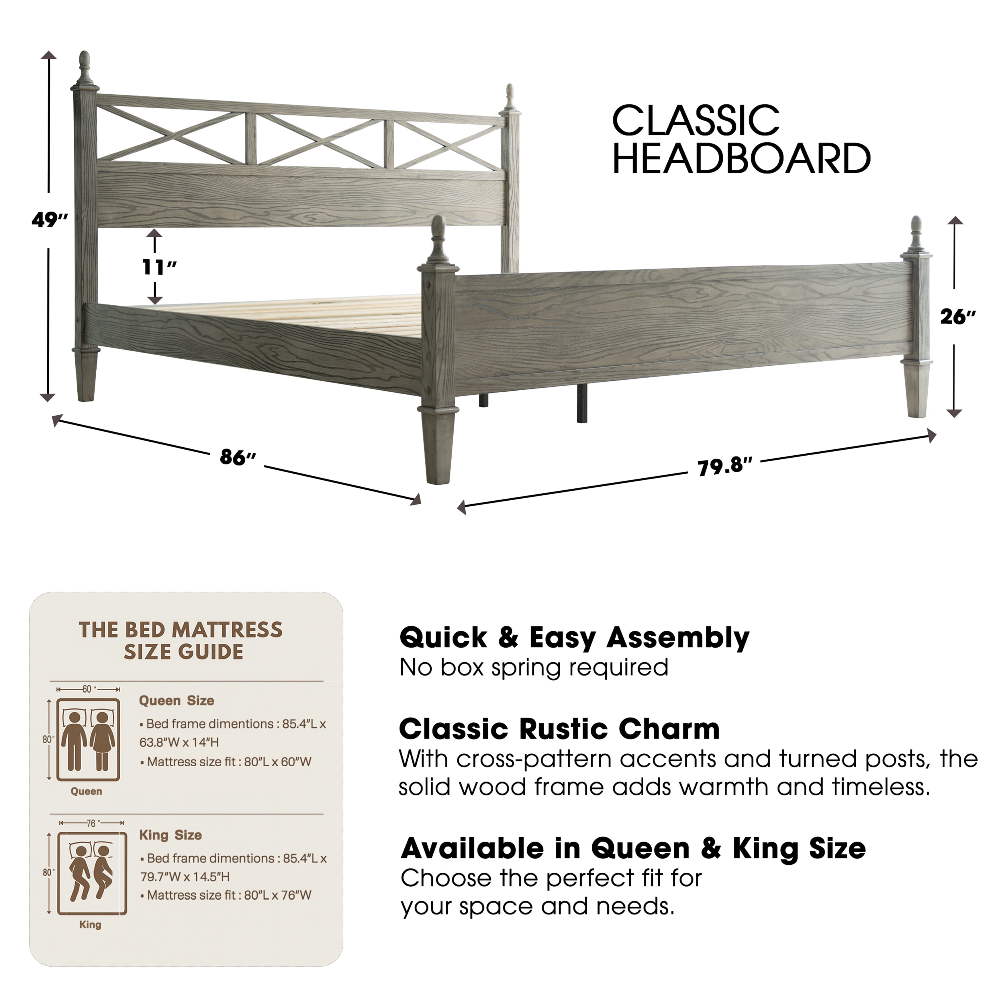 King Size Platform Bed Frame with Solid Wood Headboard & Footboard, 12 Heavy-Duty Slatted, Metal Legs, Anti-Slip & Noise-Free, Easy Assembly, No Box Spring Needed, Weathered Gray Oak Finish, RIK-34