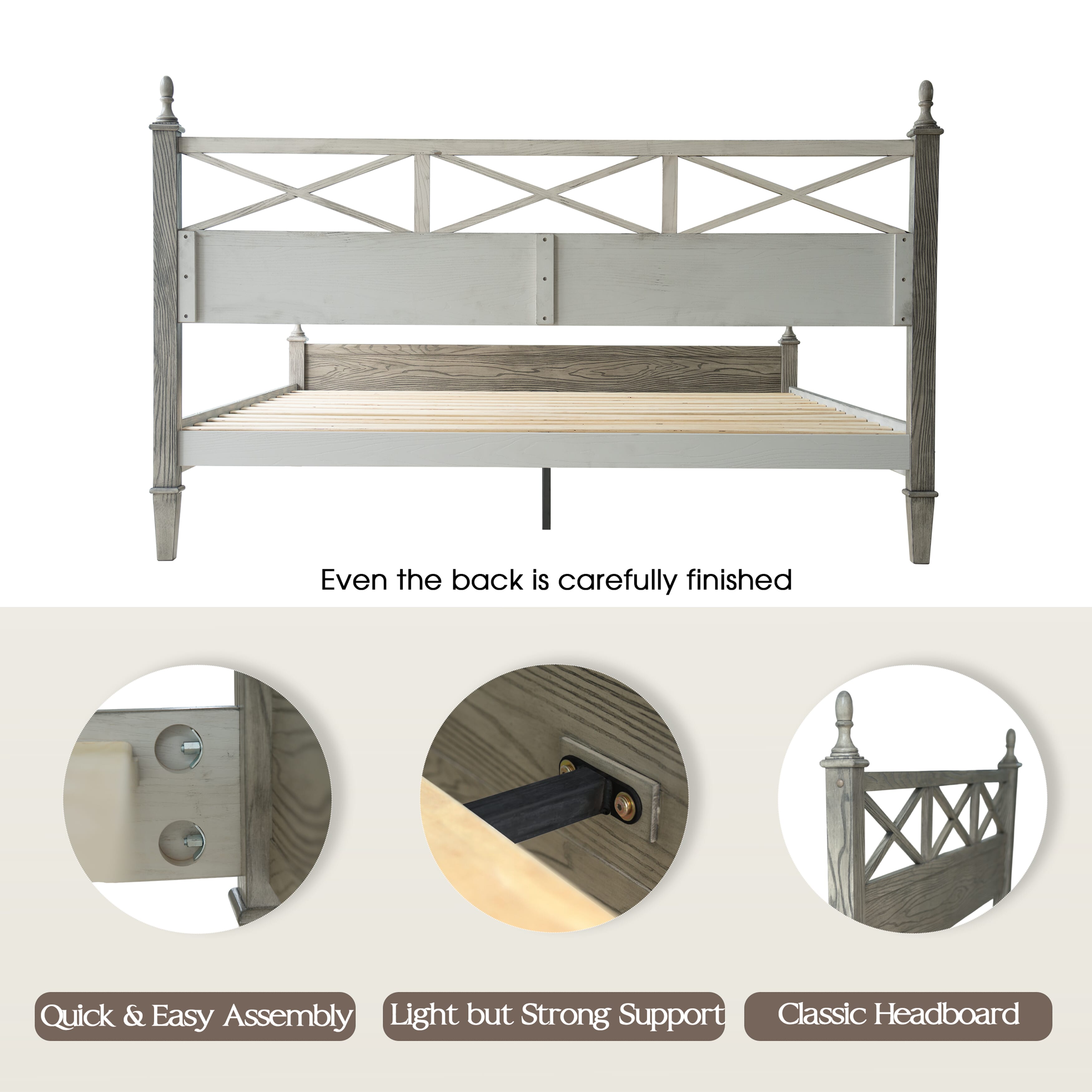 King Size Platform Bed Frame with Solid Wood Headboard & Footboard, 12 Heavy-Duty Slatted, Metal Legs, Anti-Slip & Noise-Free, Easy Assembly, No Box Spring Needed, Weathered Gray Oak Finish, RIK-34