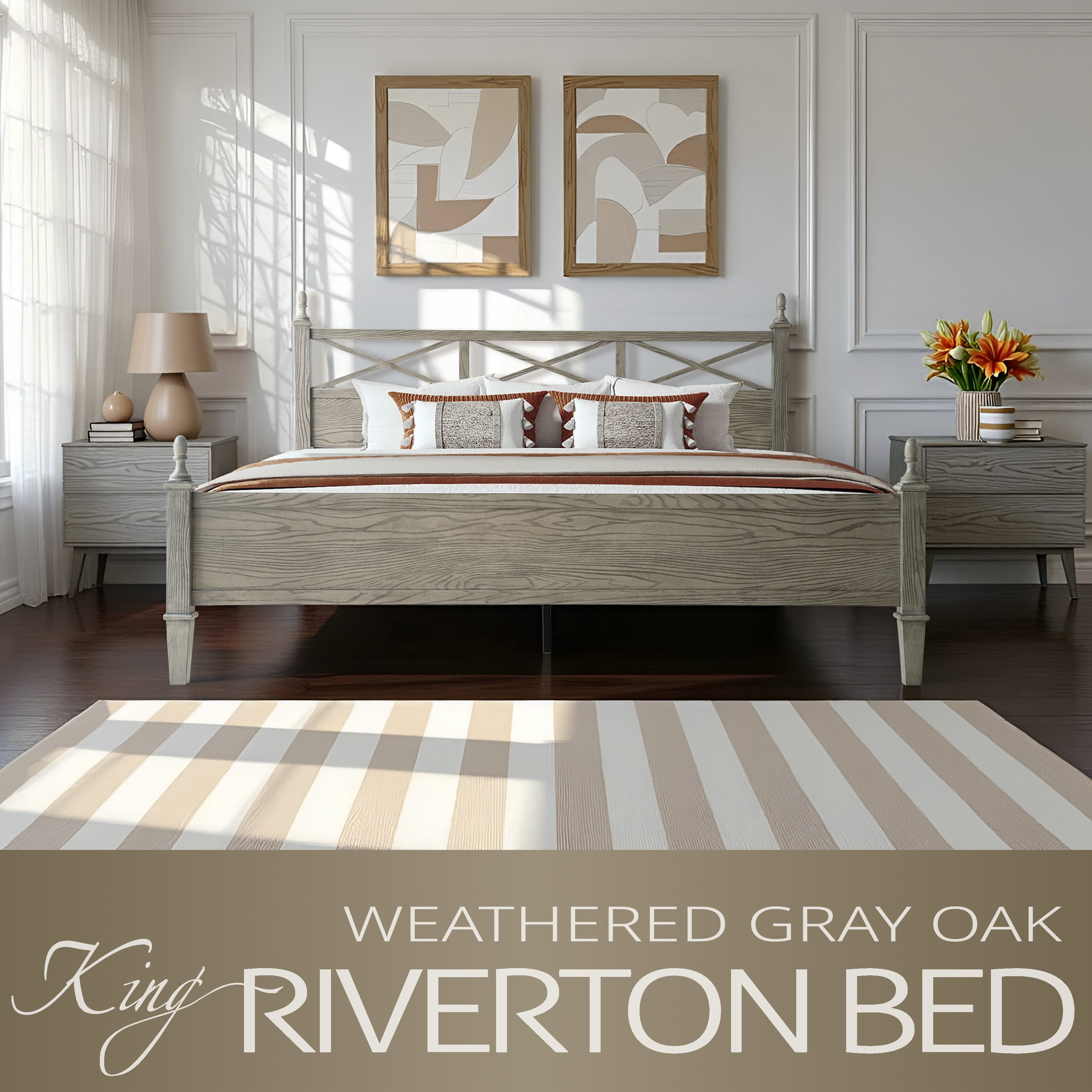 King Size Platform Bed Frame with Solid Wood Headboard & Footboard, 12 Heavy-Duty Slatted, Metal Legs, Anti-Slip & Noise-Free, Easy Assembly, No Box Spring Needed, Weathered Gray Oak Finish, RIK-34