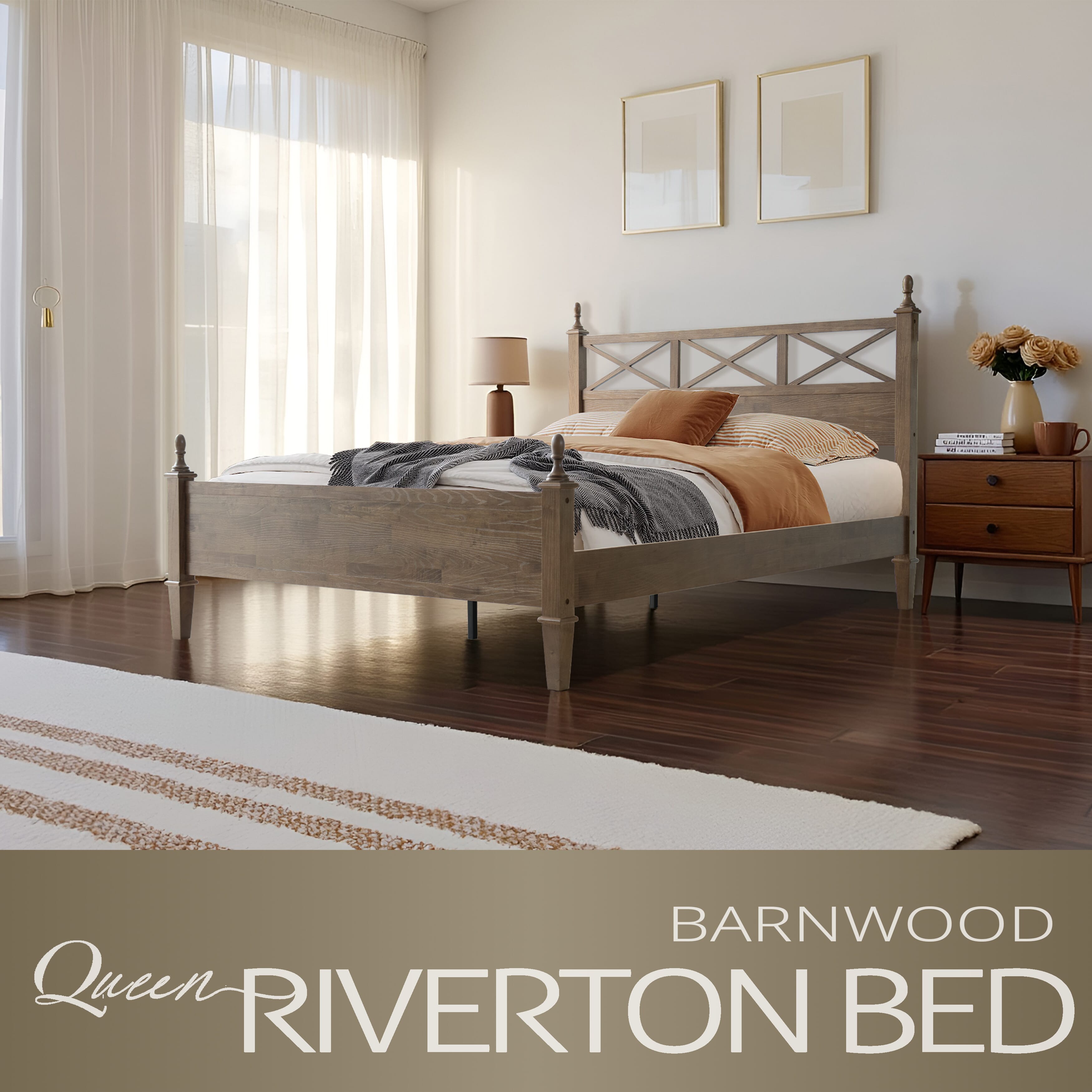 Queen Size Platform Bed Frame, Solid Wood with Headboard & Footboard, Center Metal Legs, 12 Strong Slatted Base, Anti-Noise & Slip-Free, Easy Assembly, No Box Spring Needed, Barnwood Finish, RIQ-30