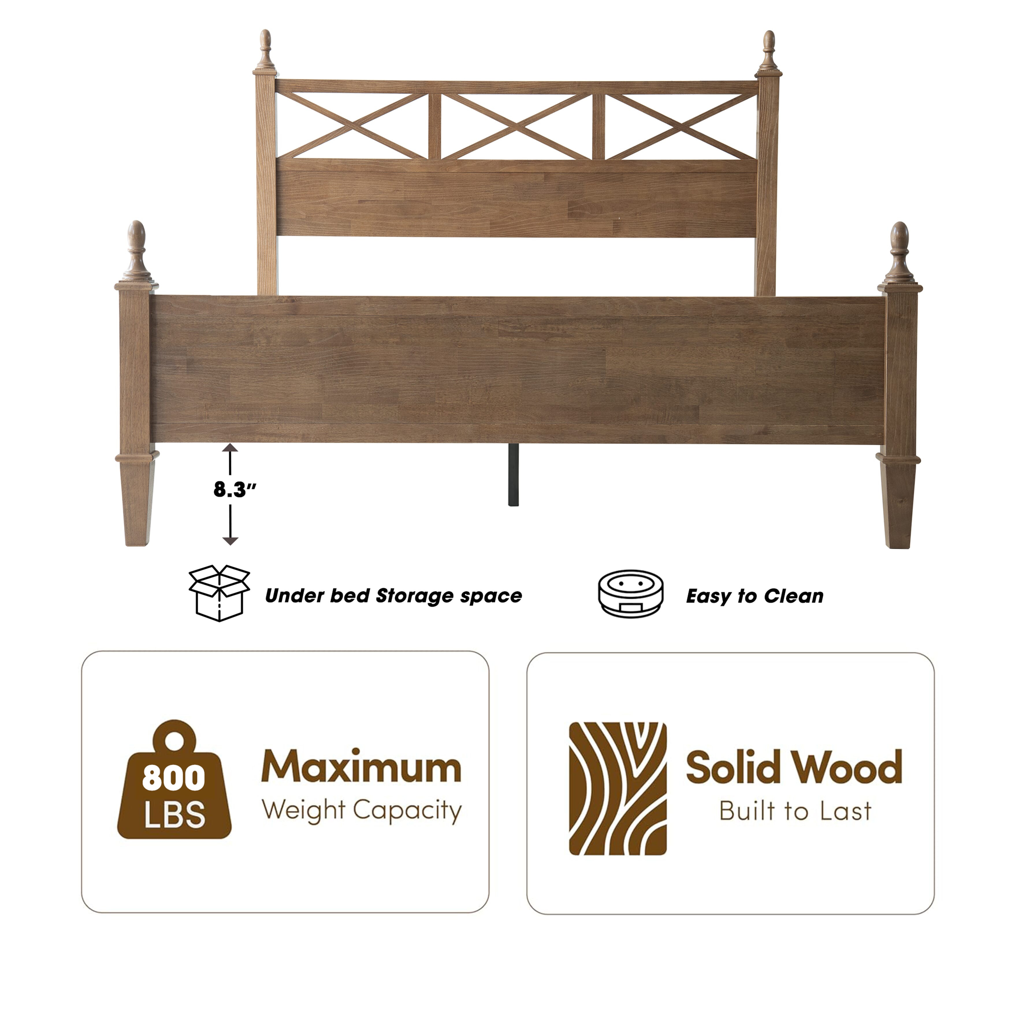 Queen Size Platform Bed Frame, Solid Wood with Headboard & Footboard, Center Metal Legs, 12 Strong Slatted Base, Anti-Noise & Slip-Free, Easy Assembly, No Box Spring Needed, Barnwood Finish, RIQ-30