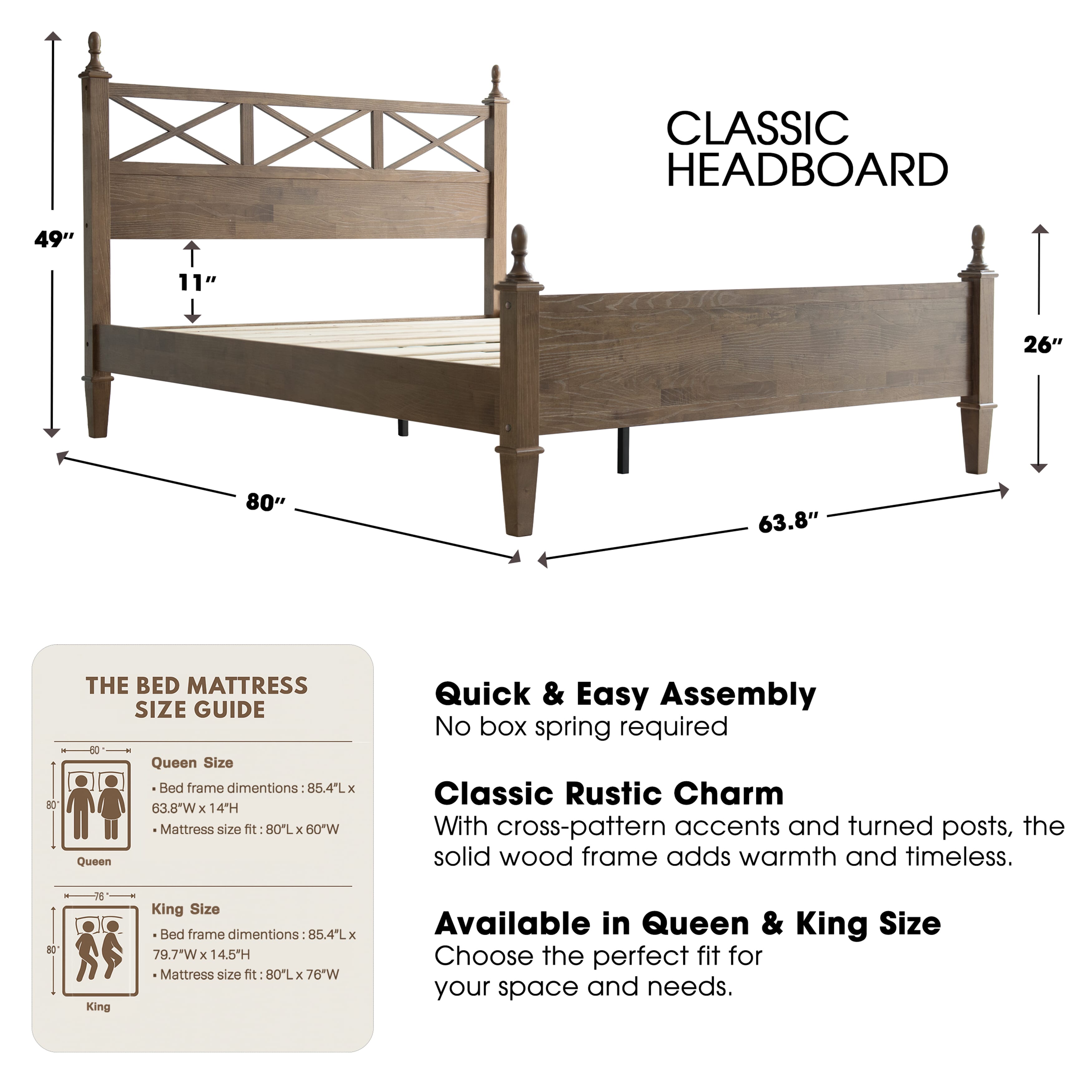 Queen Size Platform Bed Frame, Solid Wood with Headboard & Footboard, Center Metal Legs, 12 Strong Slatted Base, Anti-Noise & Slip-Free, Easy Assembly, No Box Spring Needed, Barnwood Finish, RIQ-30