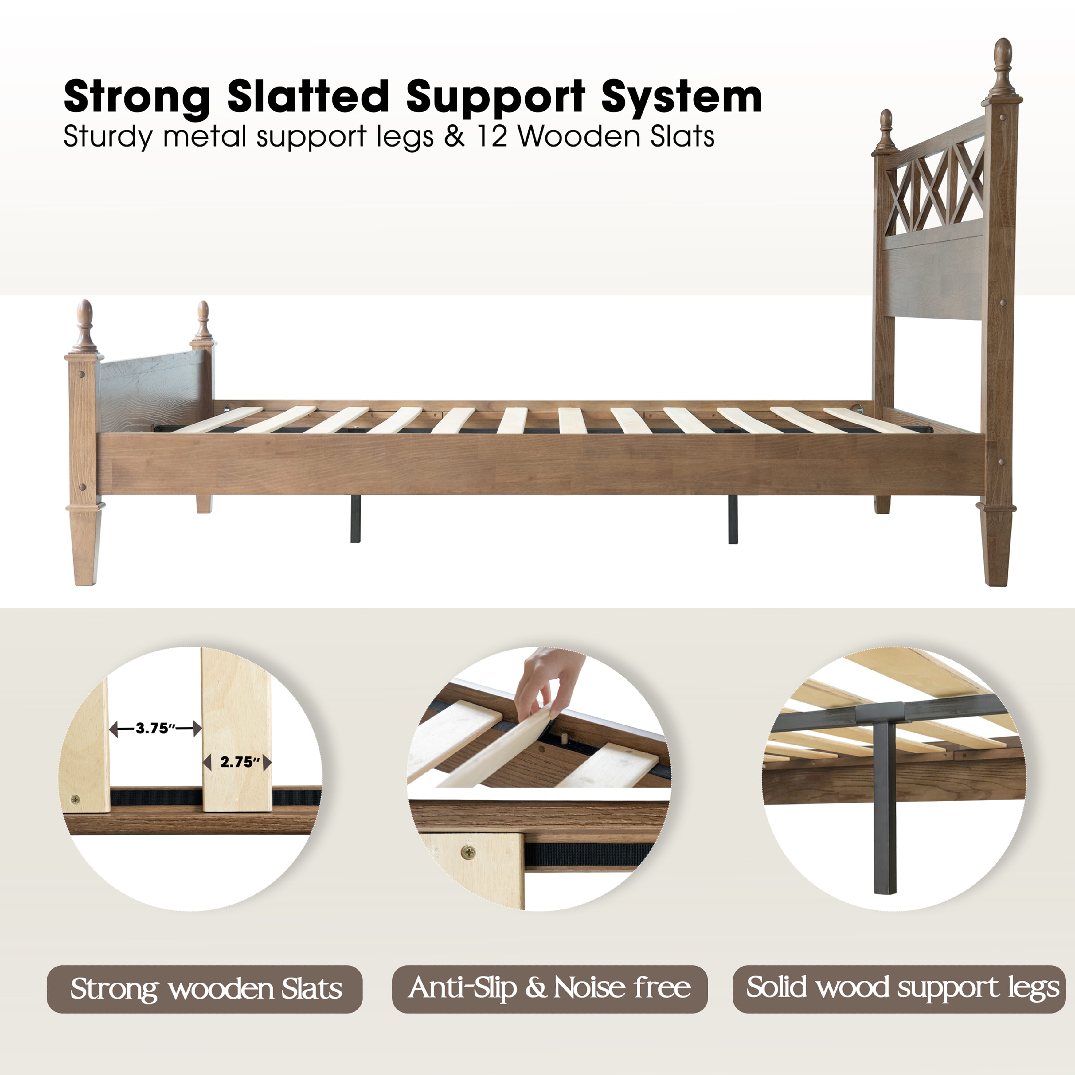 Queen Size Platform Bed Frame, Solid Wood with Headboard & Footboard, Center Metal Legs, 12 Strong Slatted Base, Anti-Noise & Slip-Free, Easy Assembly, No Box Spring Needed, Barnwood Finish, RIQ-30