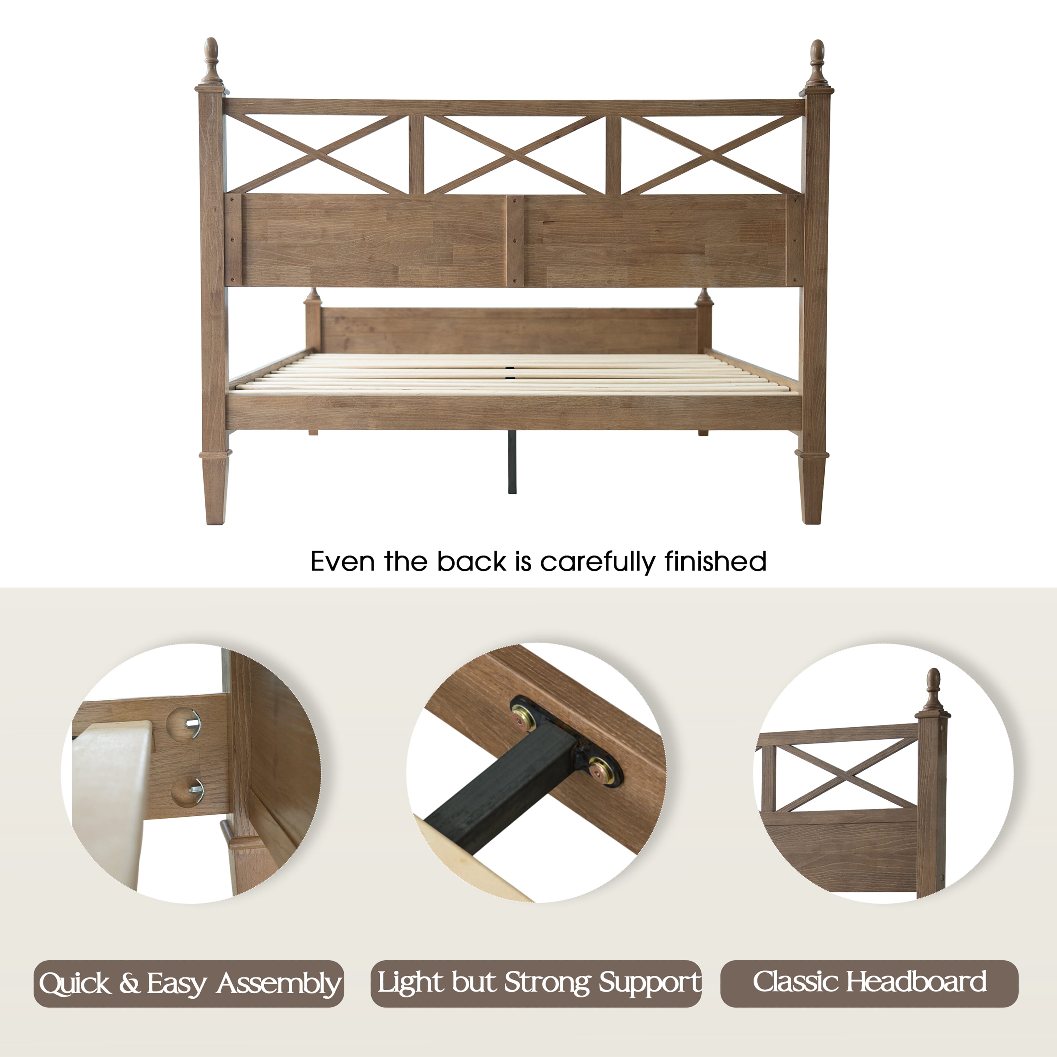 Queen Size Platform Bed Frame, Solid Wood with Headboard & Footboard, Center Metal Legs, 12 Strong Slatted Base, Anti-Noise & Slip-Free, Easy Assembly, No Box Spring Needed, Barnwood Finish, RIQ-30