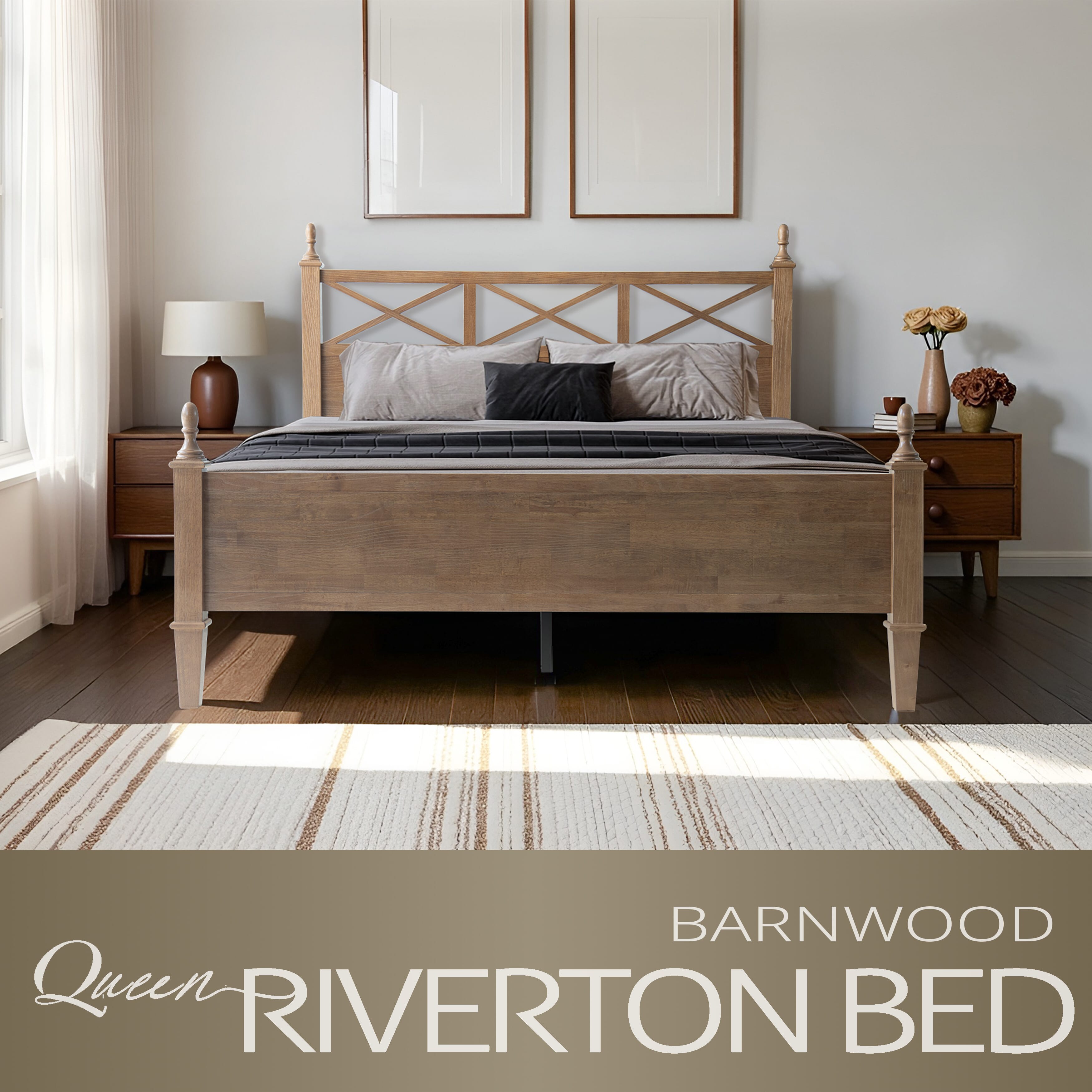 Queen Size Platform Bed Frame, Solid Wood with Headboard & Footboard, Center Metal Legs, 12 Strong Slatted Base, Anti-Noise & Slip-Free, Easy Assembly, No Box Spring Needed, Barnwood Finish, RIQ-30