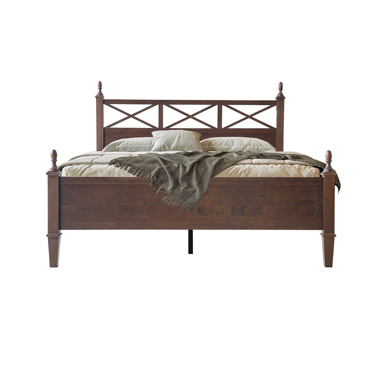 Queen Size Bed Frame with Headboard & Footboard, Solid Wood Platform Bed, Central Metal Legs, 12 Sturdy Slatted Base, Noise-Free & Anti-Slip, No Box Spring Needed, Dark Roast Oak Finish, RIQ-32