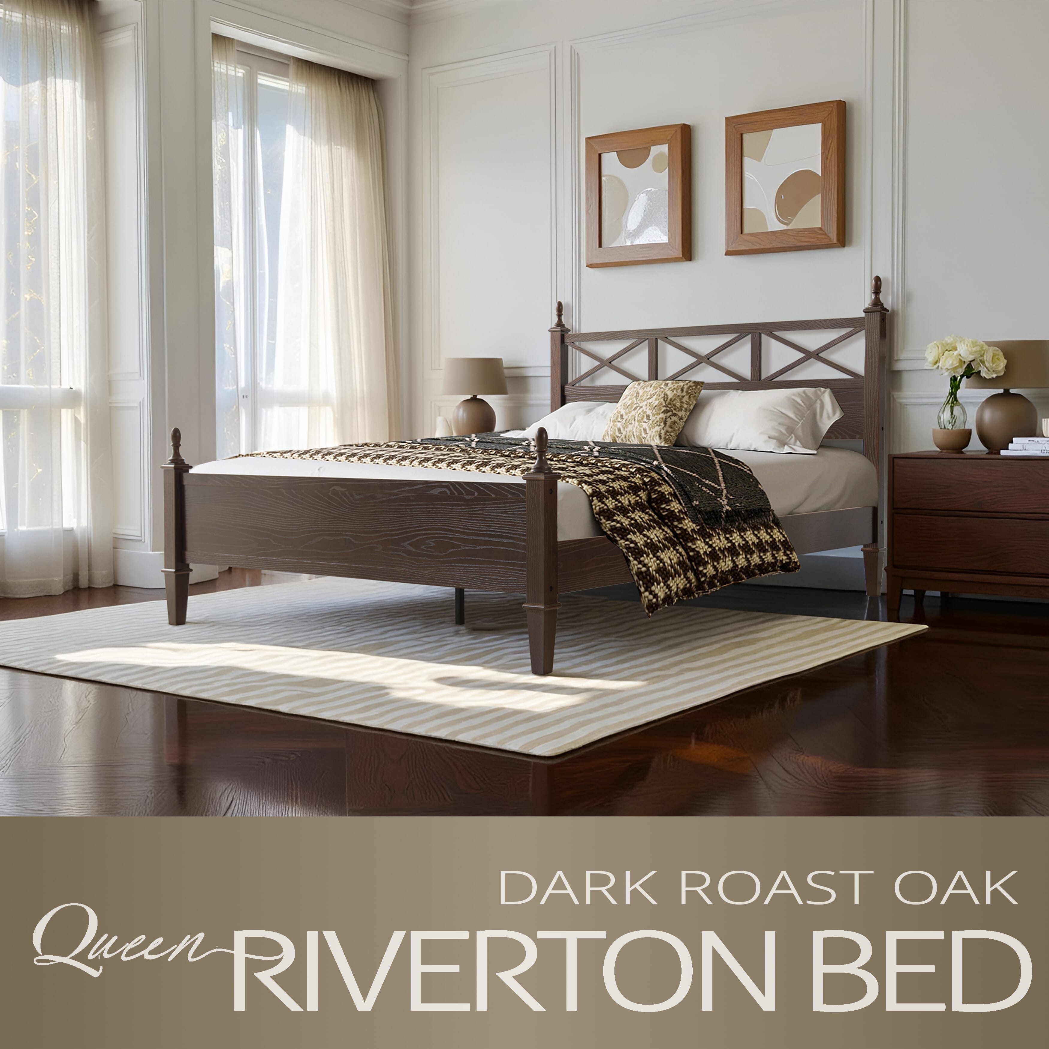 Queen Size Bed Frame with Headboard & Footboard, Solid Wood Platform Bed, Central Metal Legs, 12 Sturdy Slatted Base, Noise-Free & Anti-Slip, No Box Spring Needed, Dark Roast Oak Finish, RIQ-32