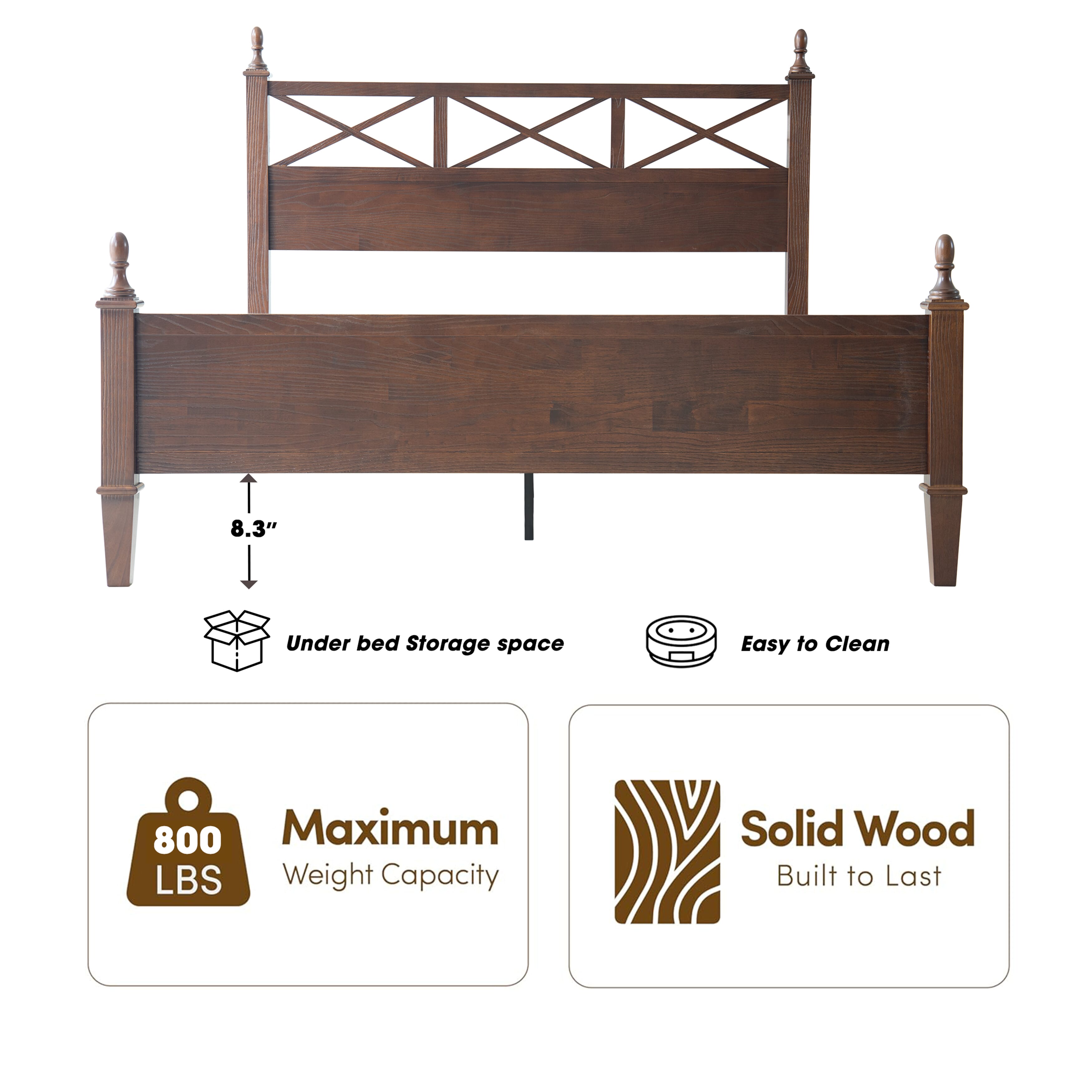 Queen Size Bed Frame with Headboard & Footboard, Solid Wood Platform Bed, Central Metal Legs, 12 Sturdy Slatted Base, Noise-Free & Anti-Slip, No Box Spring Needed, Dark Roast Oak Finish, RIQ-32
