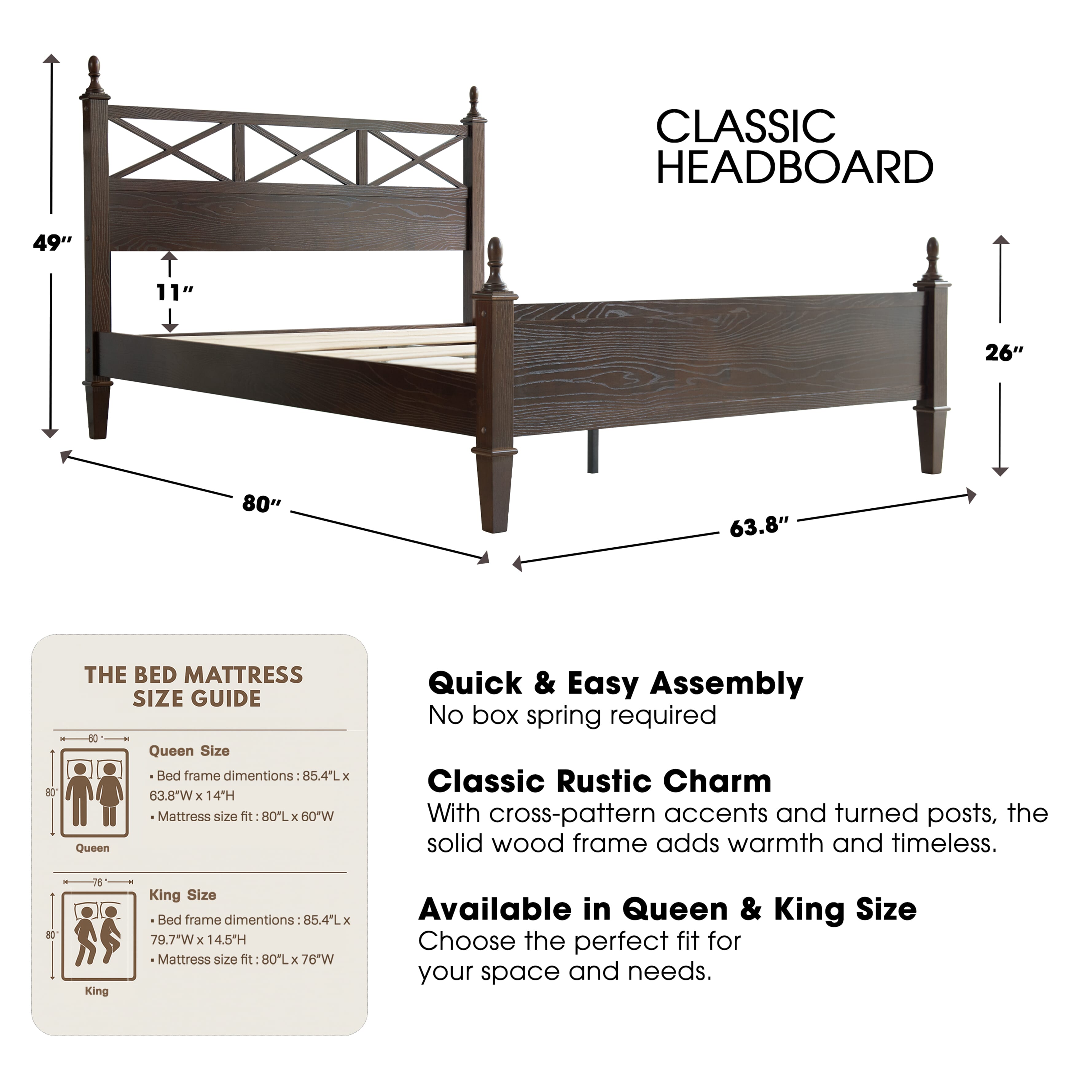 Queen Size Bed Frame with Headboard & Footboard, Solid Wood Platform Bed, Central Metal Legs, 12 Sturdy Slatted Base, Noise-Free & Anti-Slip, No Box Spring Needed, Dark Roast Oak Finish, RIQ-32