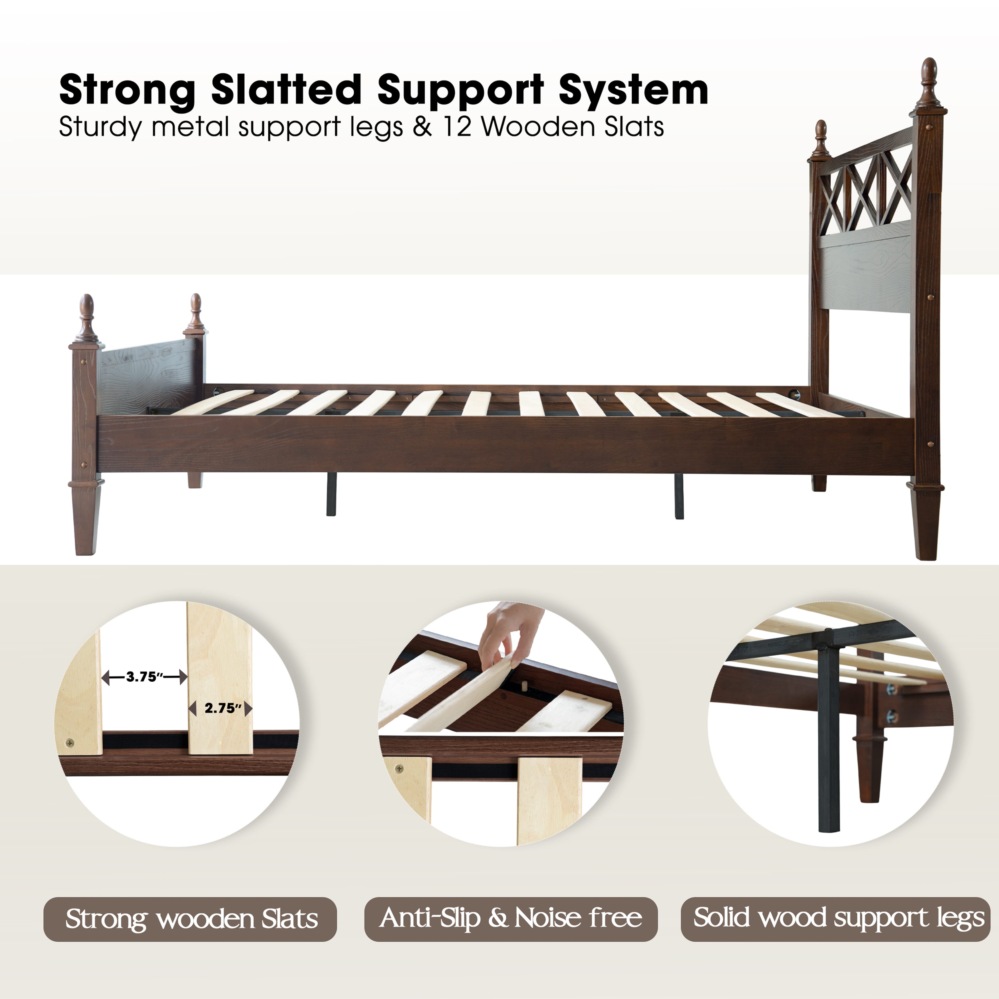Queen Size Bed Frame with Headboard & Footboard, Solid Wood Platform Bed, Central Metal Legs, 12 Sturdy Slatted Base, Noise-Free & Anti-Slip, No Box Spring Needed, Dark Roast Oak Finish, RIQ-32