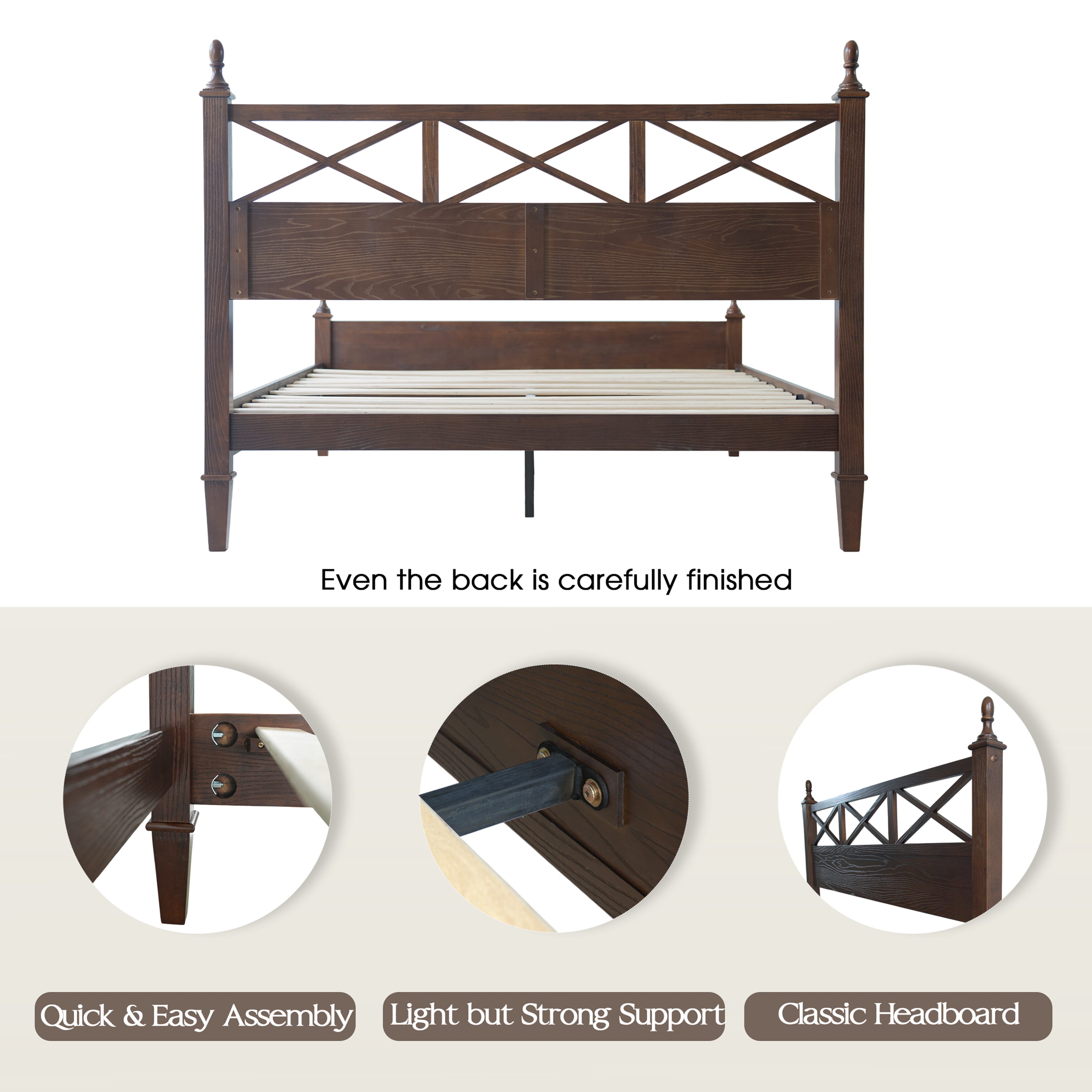 Queen Size Bed Frame with Headboard & Footboard, Solid Wood Platform Bed, Central Metal Legs, 12 Sturdy Slatted Base, Noise-Free & Anti-Slip, No Box Spring Needed, Dark Roast Oak Finish, RIQ-32