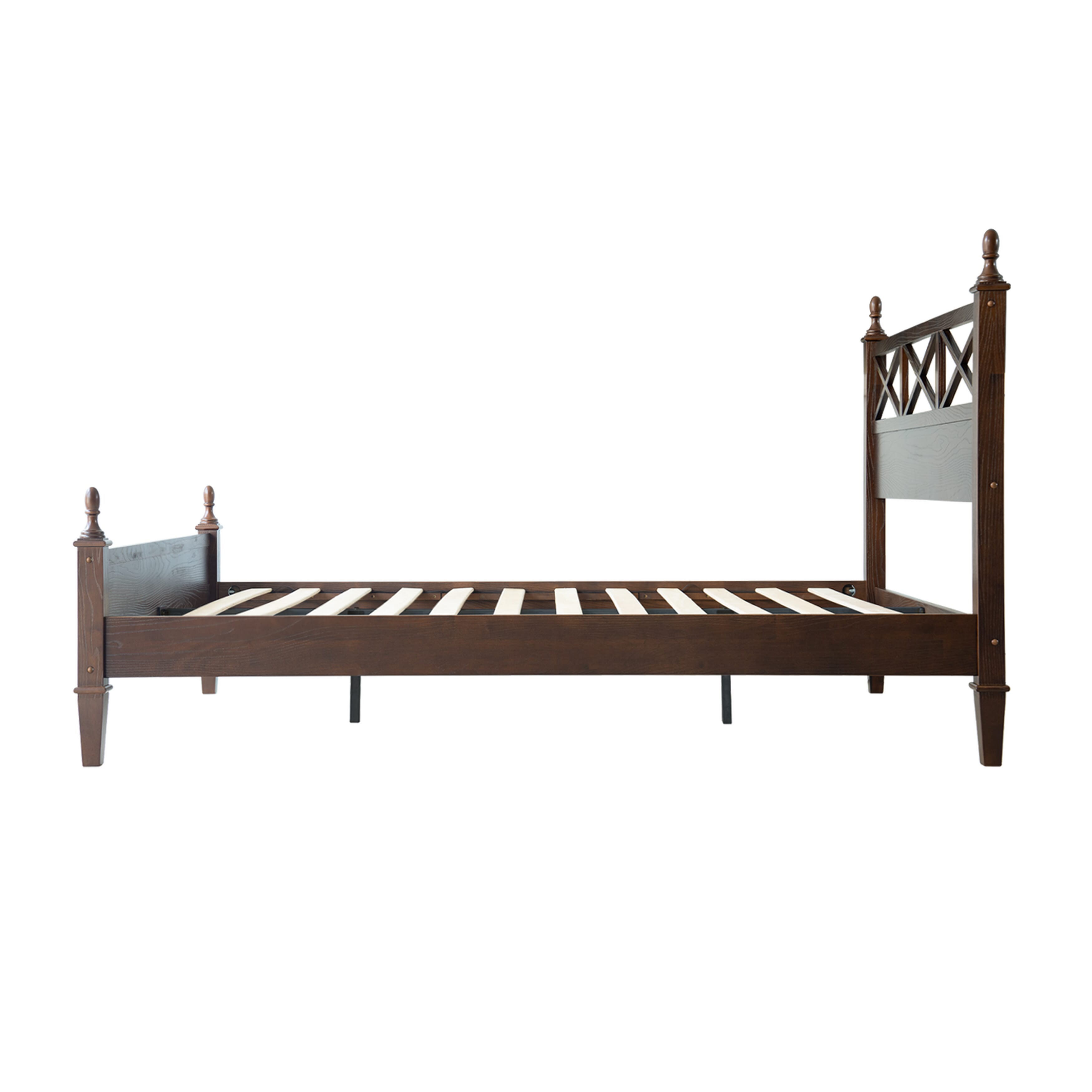 Queen Size Bed Frame with Headboard & Footboard, Solid Wood Platform Bed, Central Metal Legs, 12 Sturdy Slatted Base, Noise-Free & Anti-Slip, No Box Spring Needed, Dark Roast Oak Finish, RIQ-32