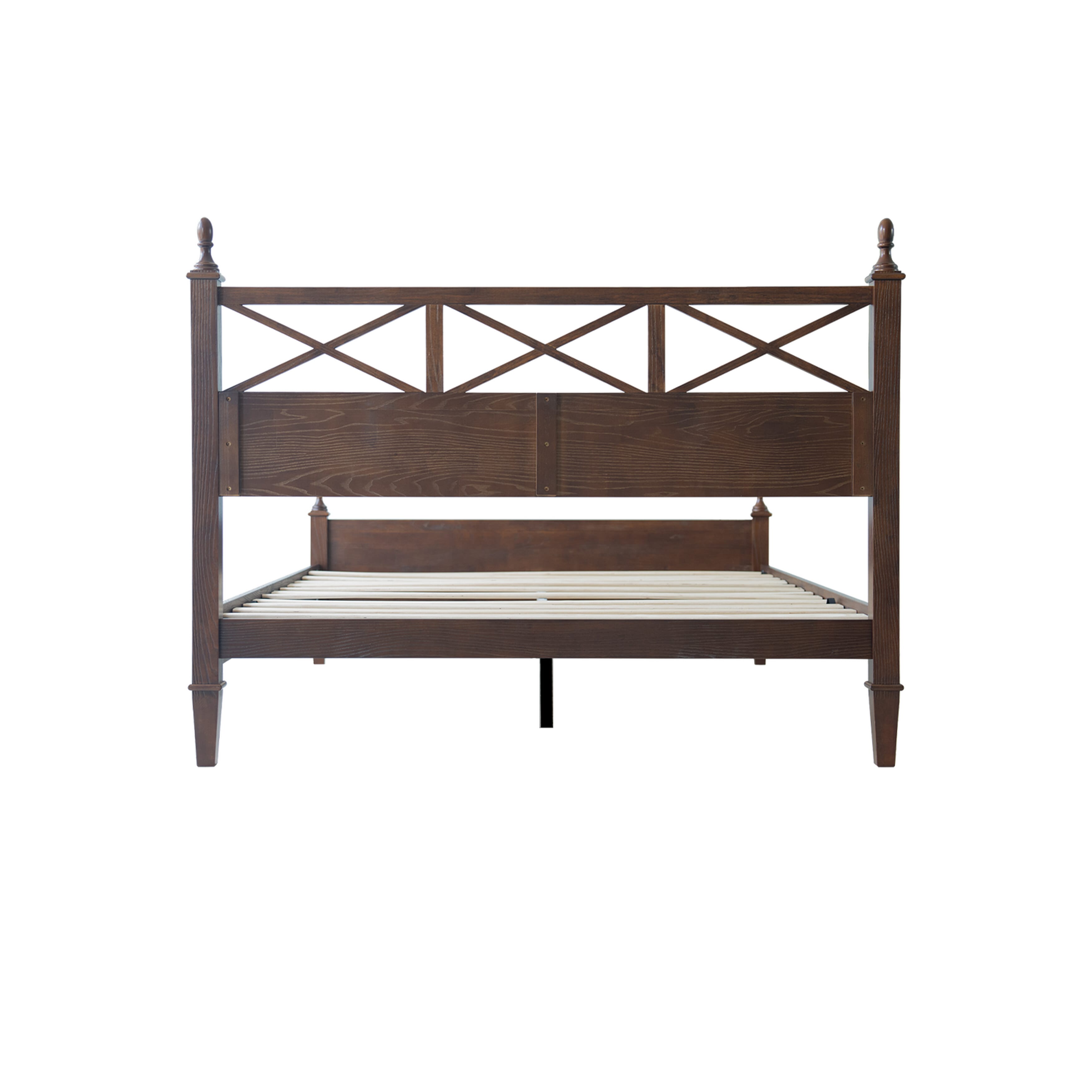Queen Size Bed Frame with Headboard & Footboard, Solid Wood Platform Bed, Central Metal Legs, 12 Sturdy Slatted Base, Noise-Free & Anti-Slip, No Box Spring Needed, Dark Roast Oak Finish, RIQ-32