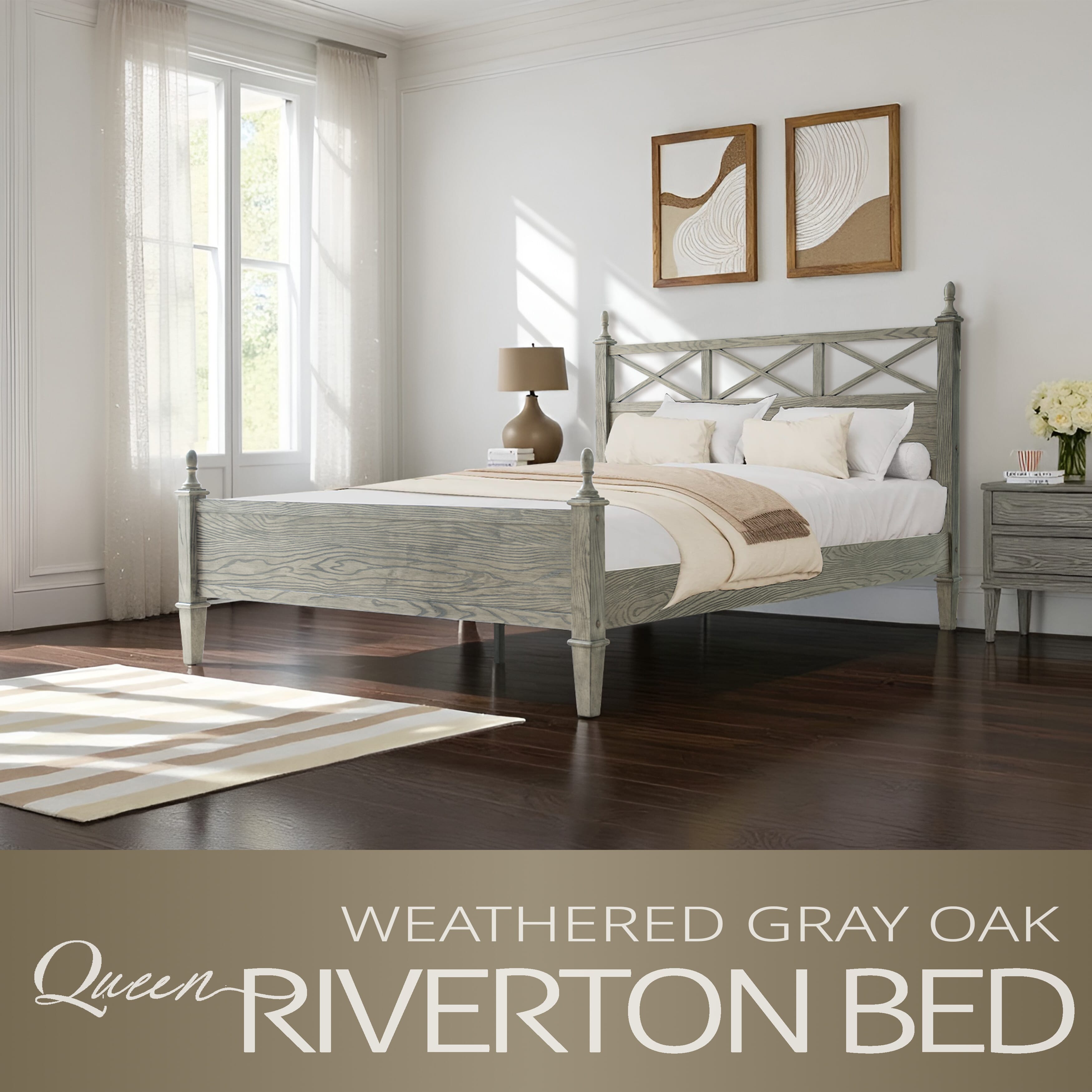 Queen Size Platform Bed Frame with Solid Wood Headboard & Footboard, Metal Legs, 12 Durable Slatted Base, No Box Spring Needed, Easy Assembly, Noise-Free & Anti-Slip, Weathered Gray Oak Finish, RIQ-34