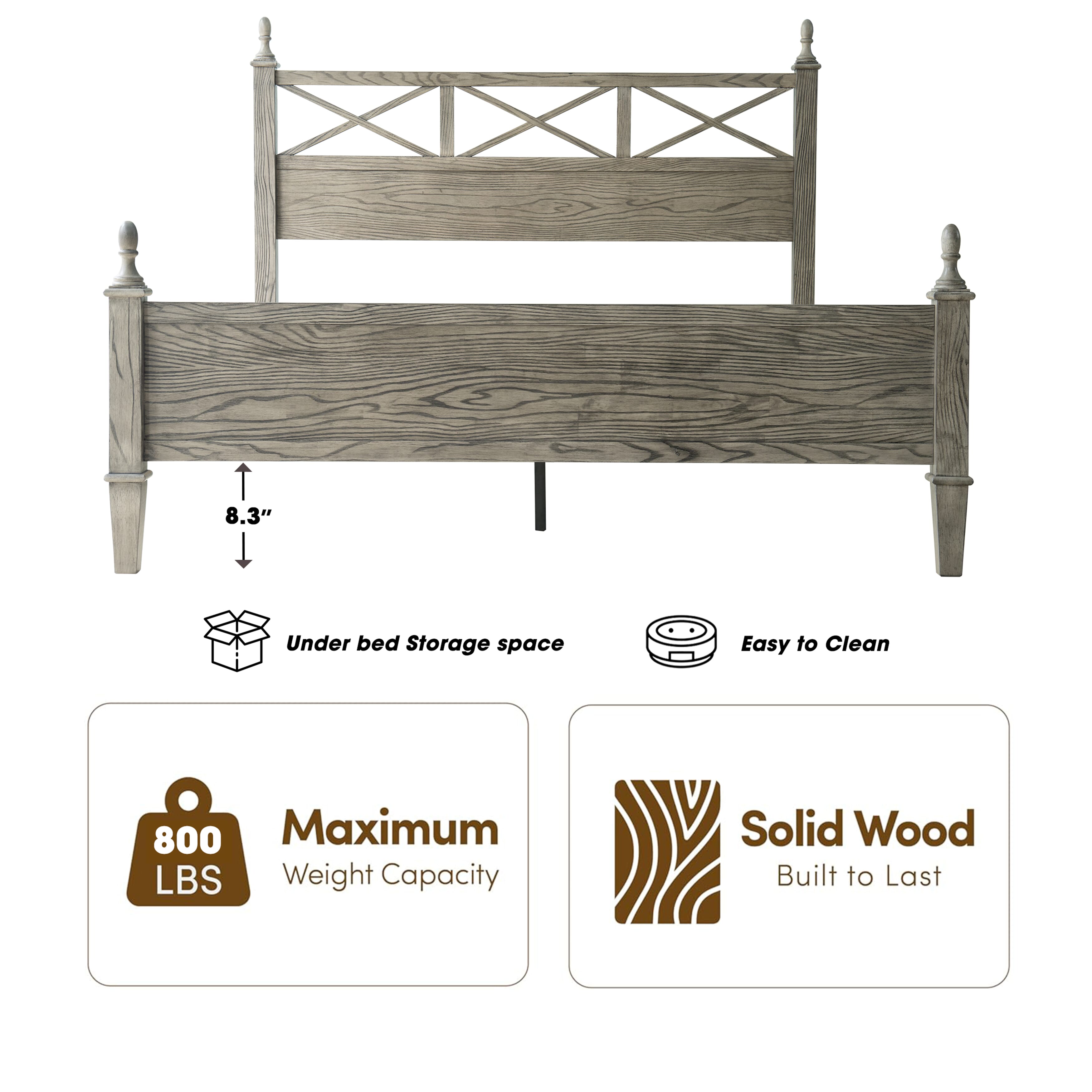 Queen Size Platform Bed Frame with Solid Wood Headboard & Footboard, Metal Legs, 12 Durable Slatted Base, No Box Spring Needed, Easy Assembly, Noise-Free & Anti-Slip, Weathered Gray Oak Finish, RIQ-34