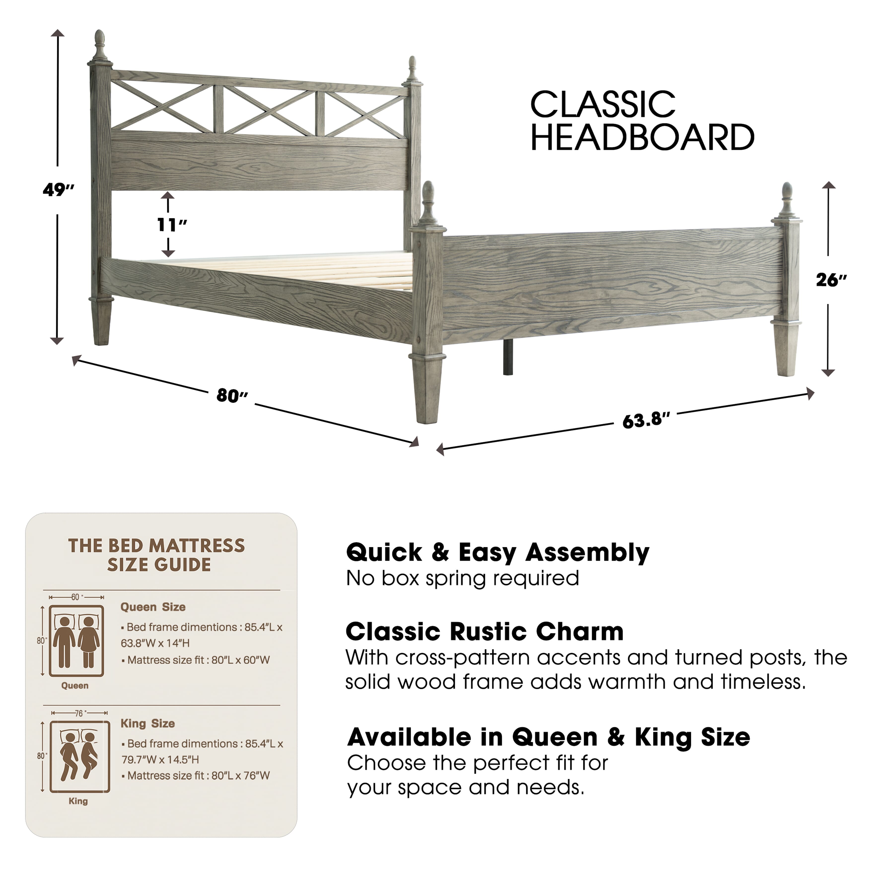 Queen Size Platform Bed Frame with Solid Wood Headboard & Footboard, Metal Legs, 12 Durable Slatted Base, No Box Spring Needed, Easy Assembly, Noise-Free & Anti-Slip, Weathered Gray Oak Finish, RIQ-34