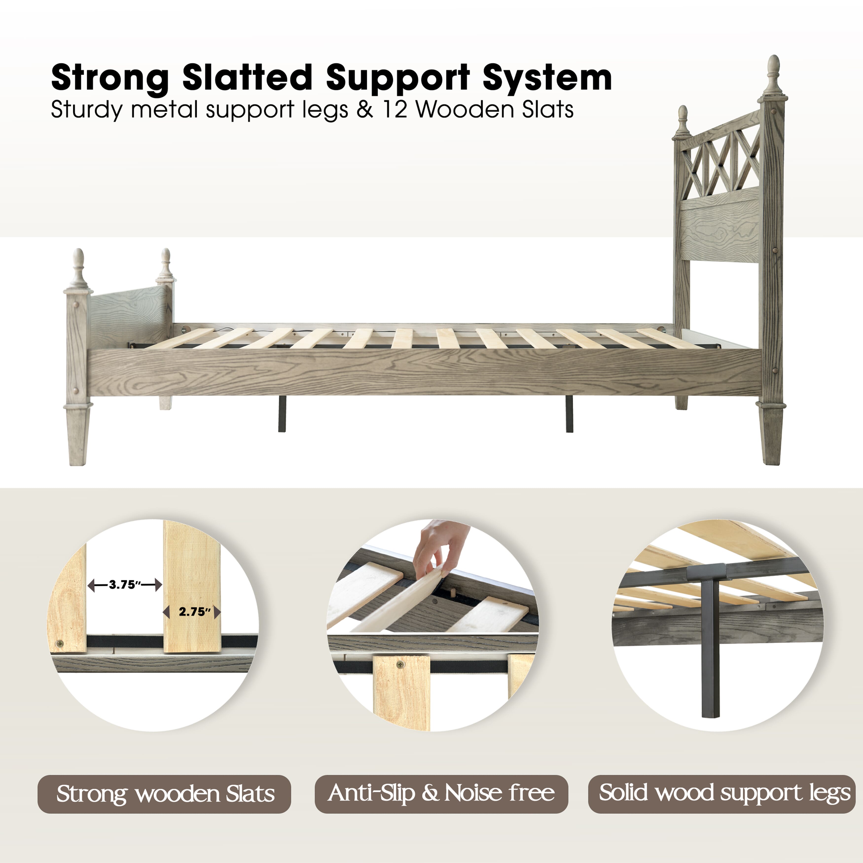 Queen Size Platform Bed Frame with Solid Wood Headboard & Footboard, Metal Legs, 12 Durable Slatted Base, No Box Spring Needed, Easy Assembly, Noise-Free & Anti-Slip, Weathered Gray Oak Finish, RIQ-34