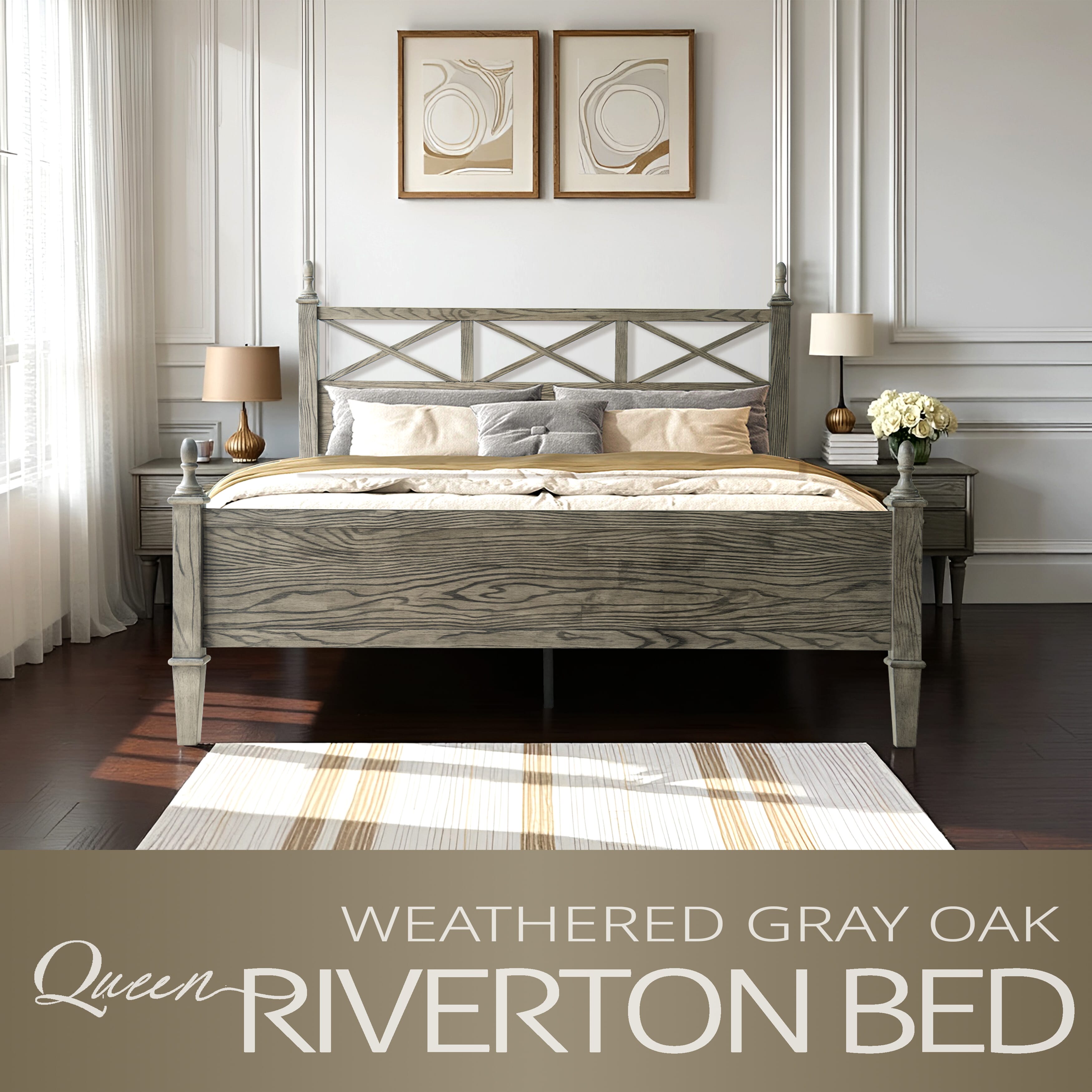 Queen Size Platform Bed Frame with Solid Wood Headboard & Footboard, Metal Legs, 12 Durable Slatted Base, No Box Spring Needed, Easy Assembly, Noise-Free & Anti-Slip, Weathered Gray Oak Finish, RIQ-34
