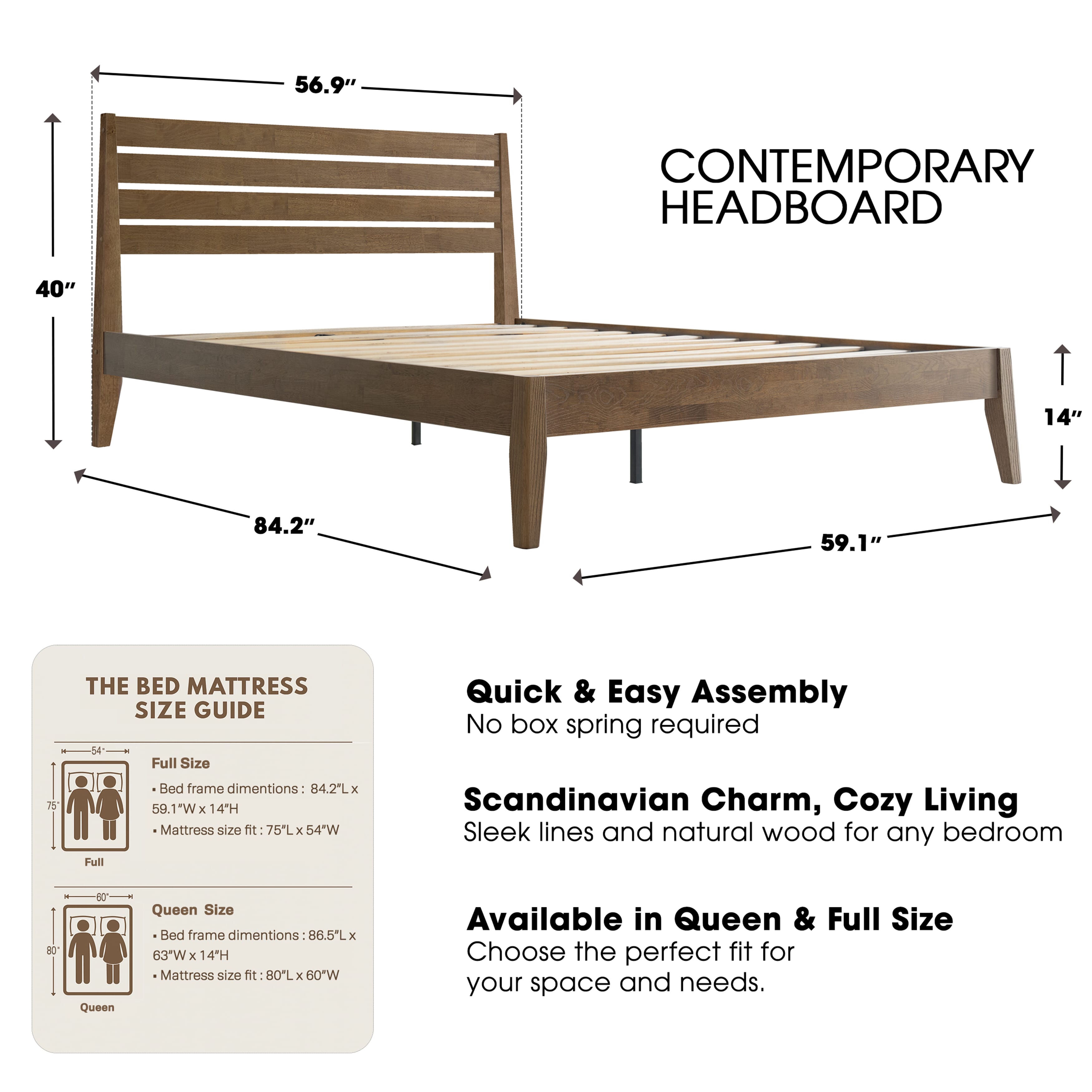 Full Size Solid Wood Platform Bed Frame with Headboard & Footboard, 12 Heavy-Duty Slatted Base, Central Metal Legs, Easy Assembly, Noise-Free & Anti-Slip, No Box Spring Needed, Barnwood Finish, RKF-30
