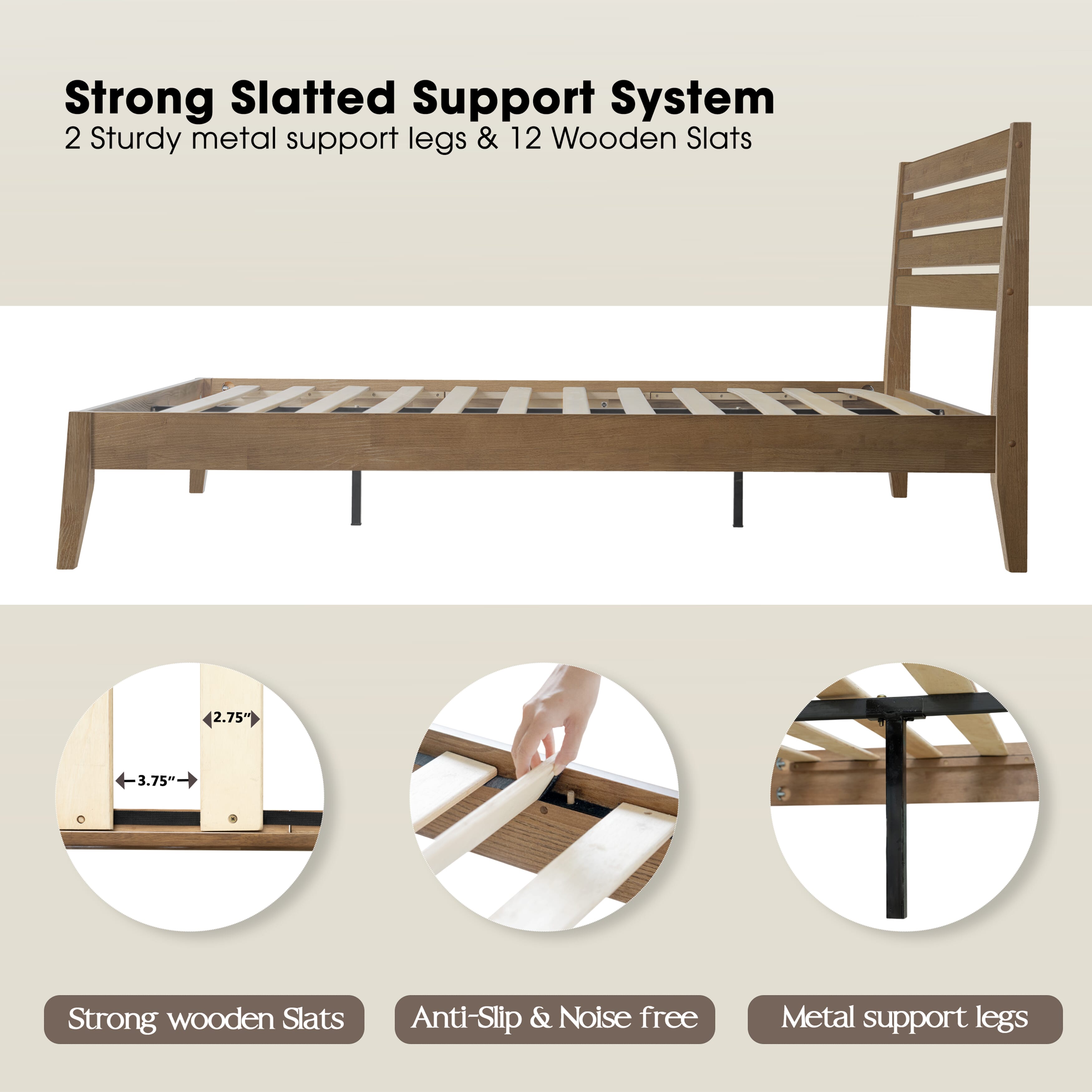 Full Size Solid Wood Platform Bed Frame with Headboard & Footboard, 12 Heavy-Duty Slatted Base, Central Metal Legs, Easy Assembly, Noise-Free & Anti-Slip, No Box Spring Needed, Barnwood Finish, RKF-30