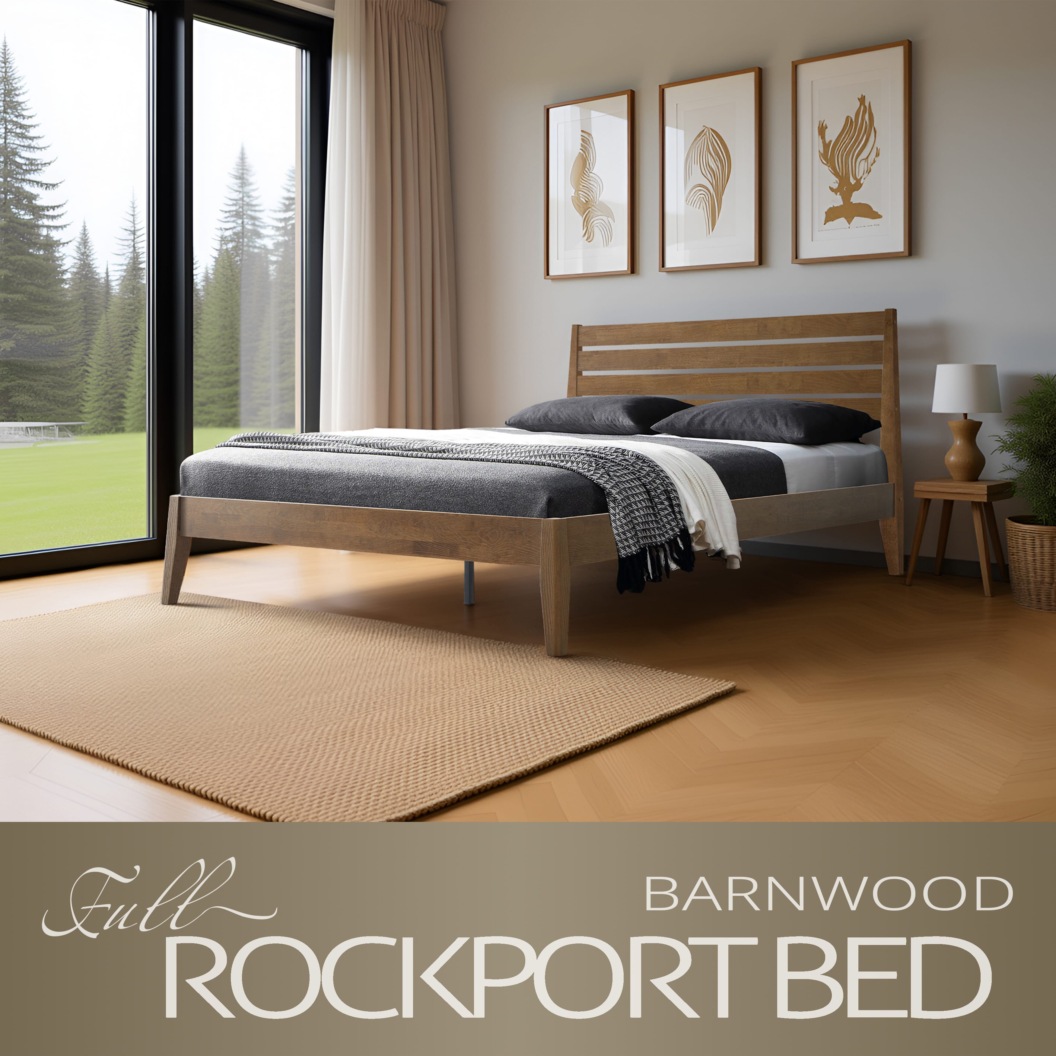 Full Size Solid Wood Platform Bed Frame with Headboard & Footboard, 12 Heavy-Duty Slatted Base, Central Metal Legs, Easy Assembly, Noise-Free & Anti-Slip, No Box Spring Needed, Barnwood Finish, RKF-30