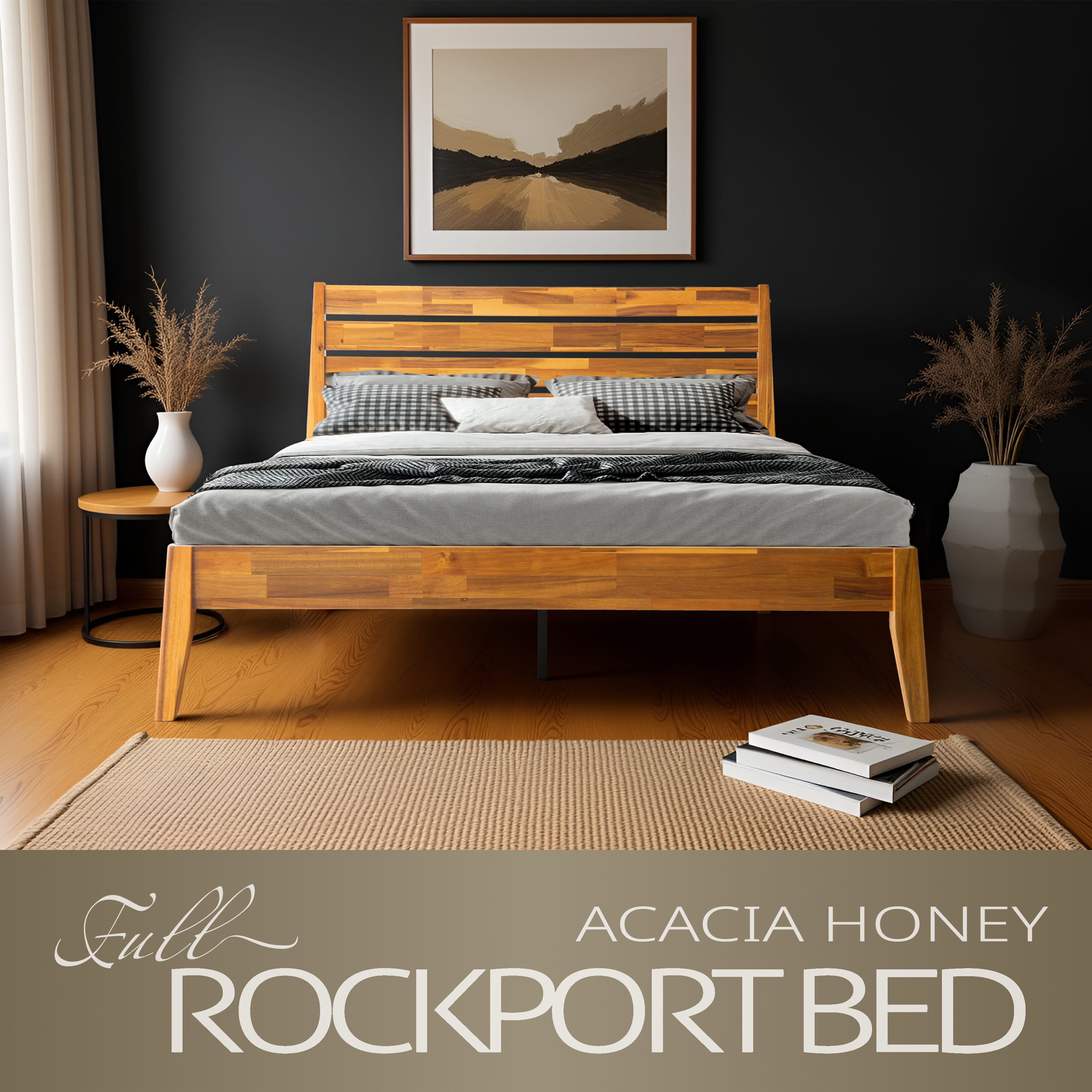 Full Size Platform Bed Frame with Solid Wood Headboard & Footboard, 12 Durable Slatted Base with Center Metal Legs, No Box Spring Needed, Anti-Noise & Slip-Free, Acacia Honey Finish, RKF-38