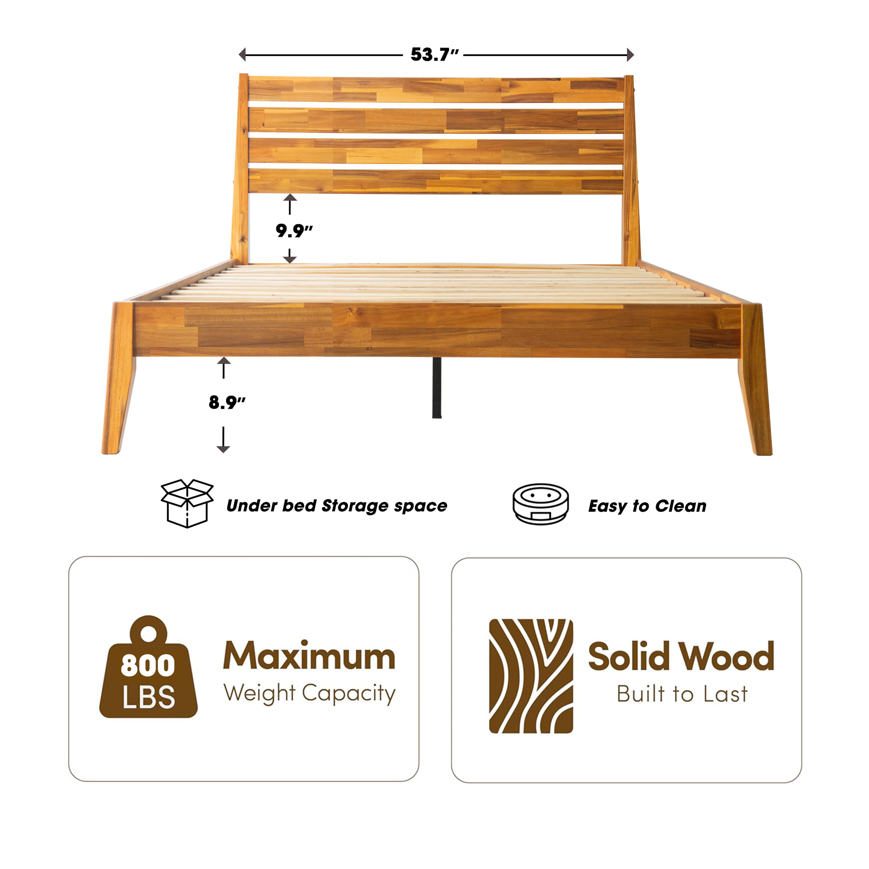 Full Size Platform Bed Frame with Solid Wood Headboard & Footboard, 12 Durable Slatted Base with Center Metal Legs, No Box Spring Needed, Anti-Noise & Slip-Free, Acacia Honey Finish, RKF-38