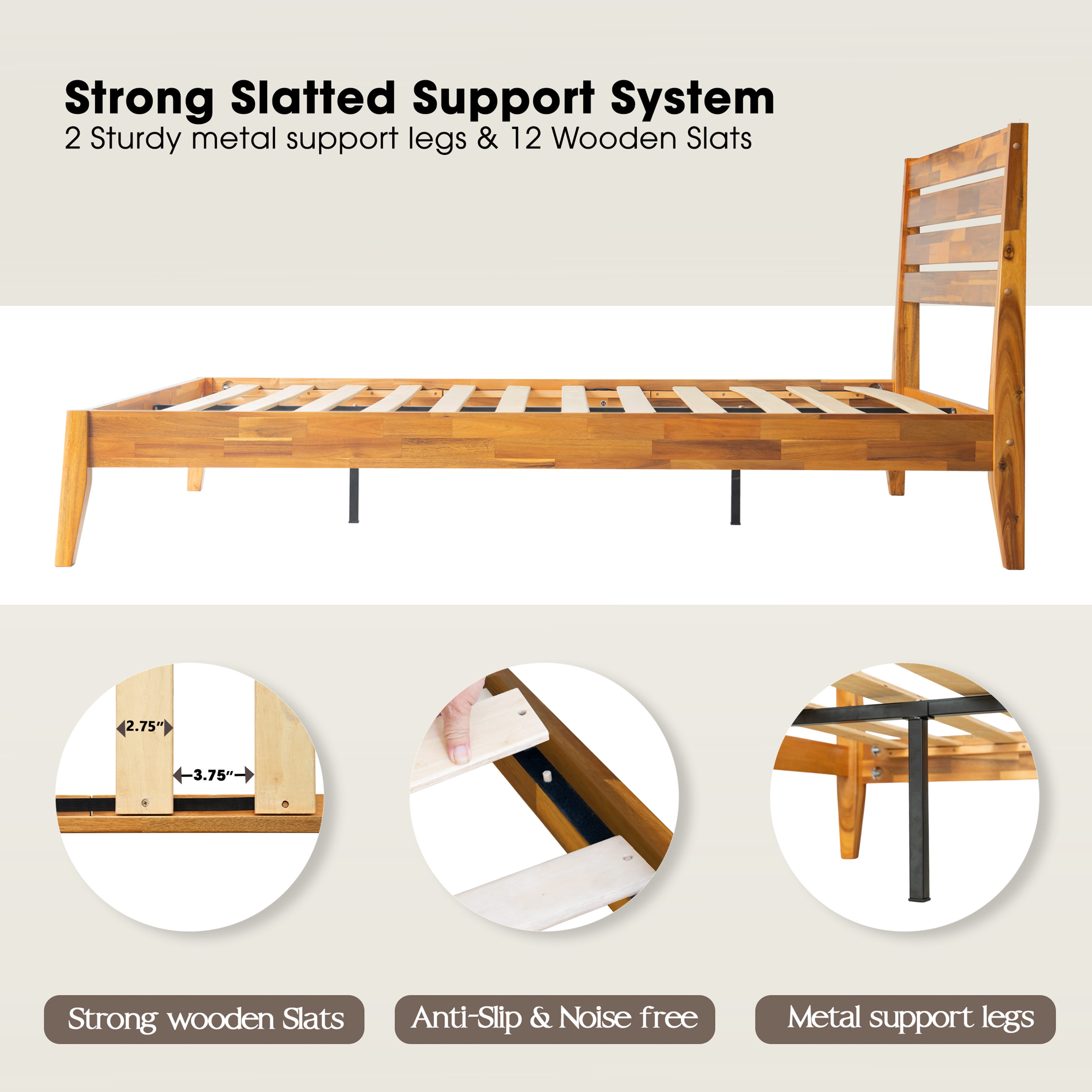Full Size Platform Bed Frame with Solid Wood Headboard & Footboard, 12 Durable Slatted Base with Center Metal Legs, No Box Spring Needed, Anti-Noise & Slip-Free, Acacia Honey Finish, RKF-38